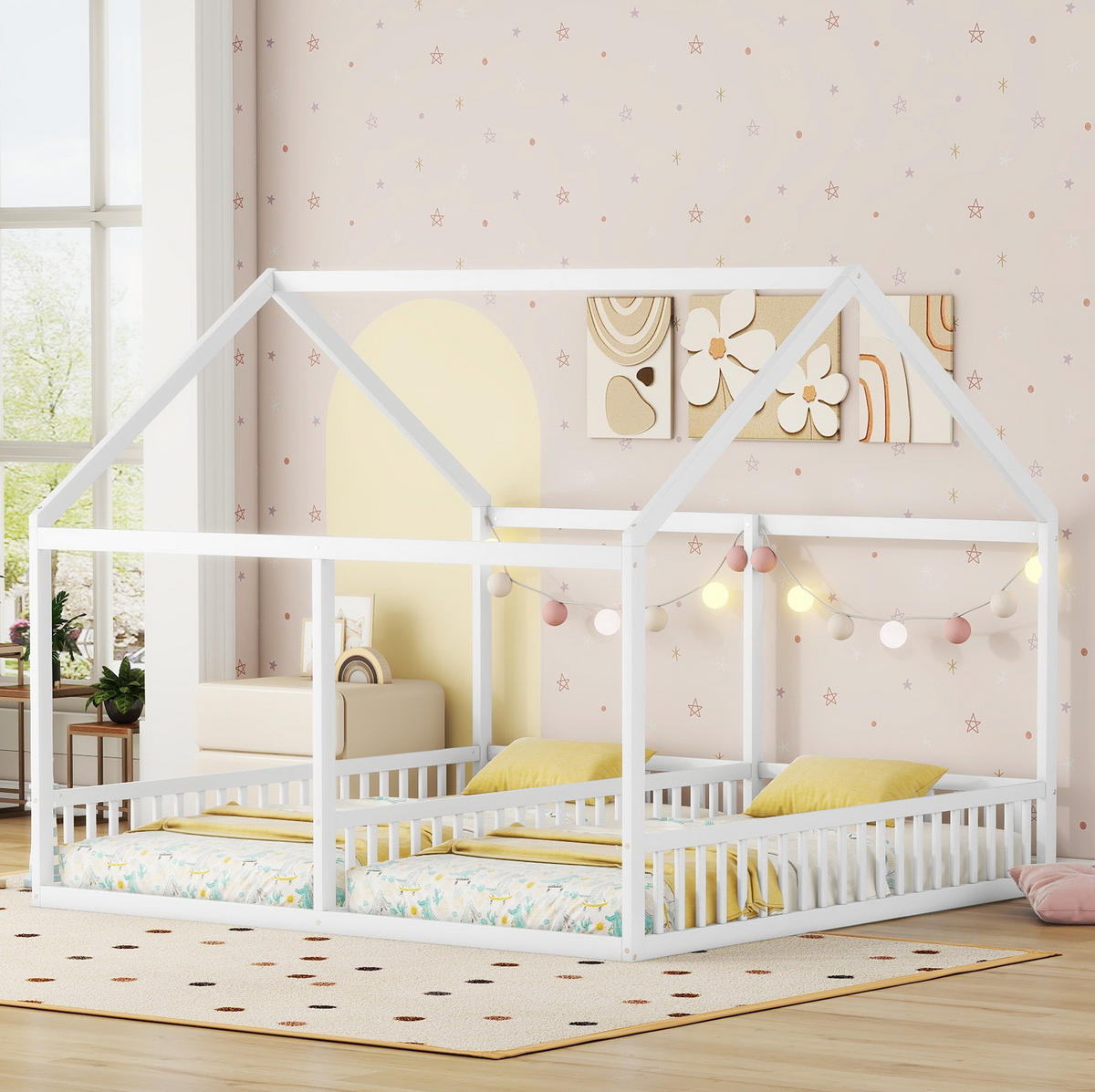 KINDERBETT 90/200 cm 2-in-1 mit Hausdach, Mittelgeländer und Lattenrost, Kiefern /MDF, Weiß - Weiß, Holzwerkstoff (90/200cm) - Redom