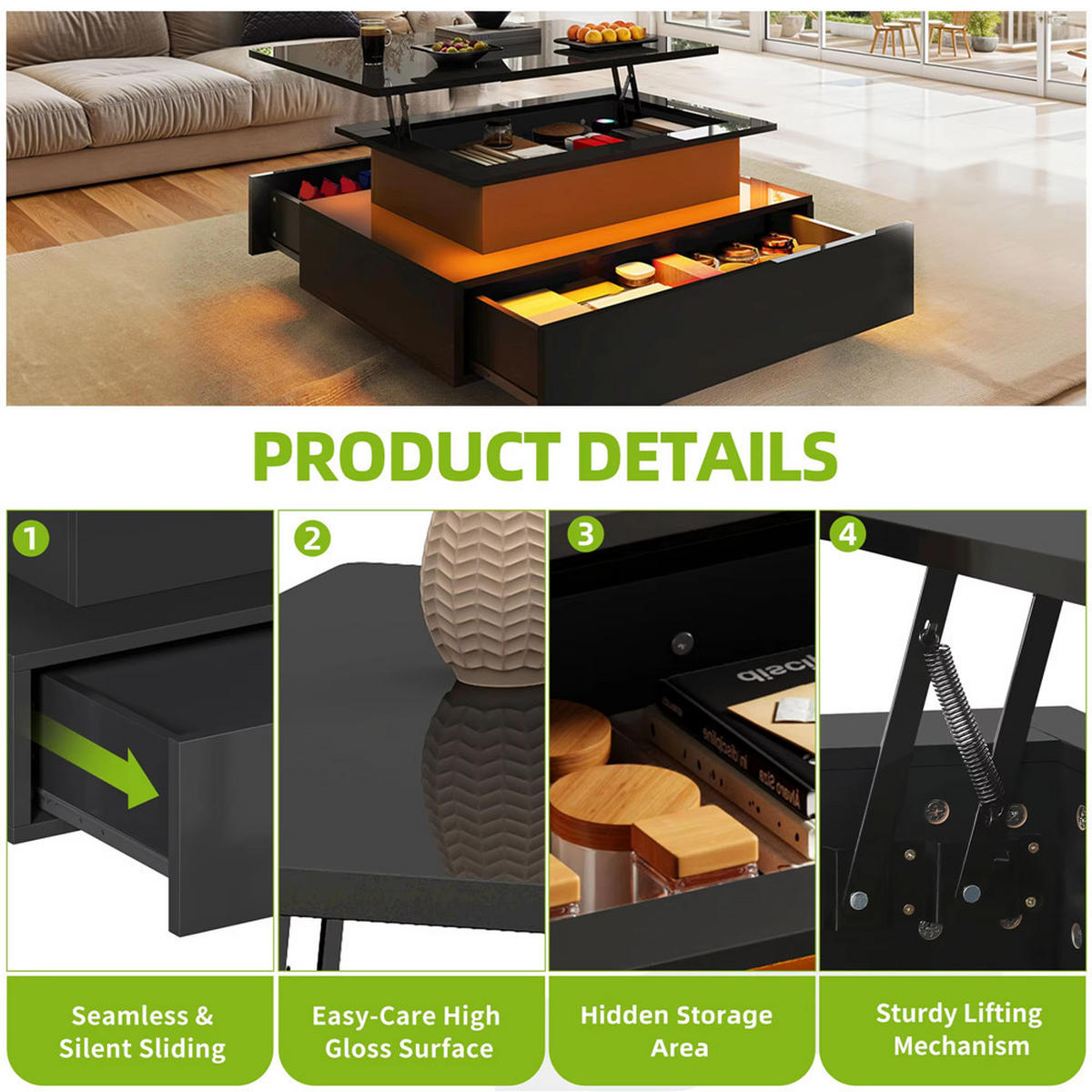 COUCHTISCH Lift-Top LED Beleuchtung 2 Schubladen Schwarz modern - Schwarz, Holz (55/85/56cm) - Kaket