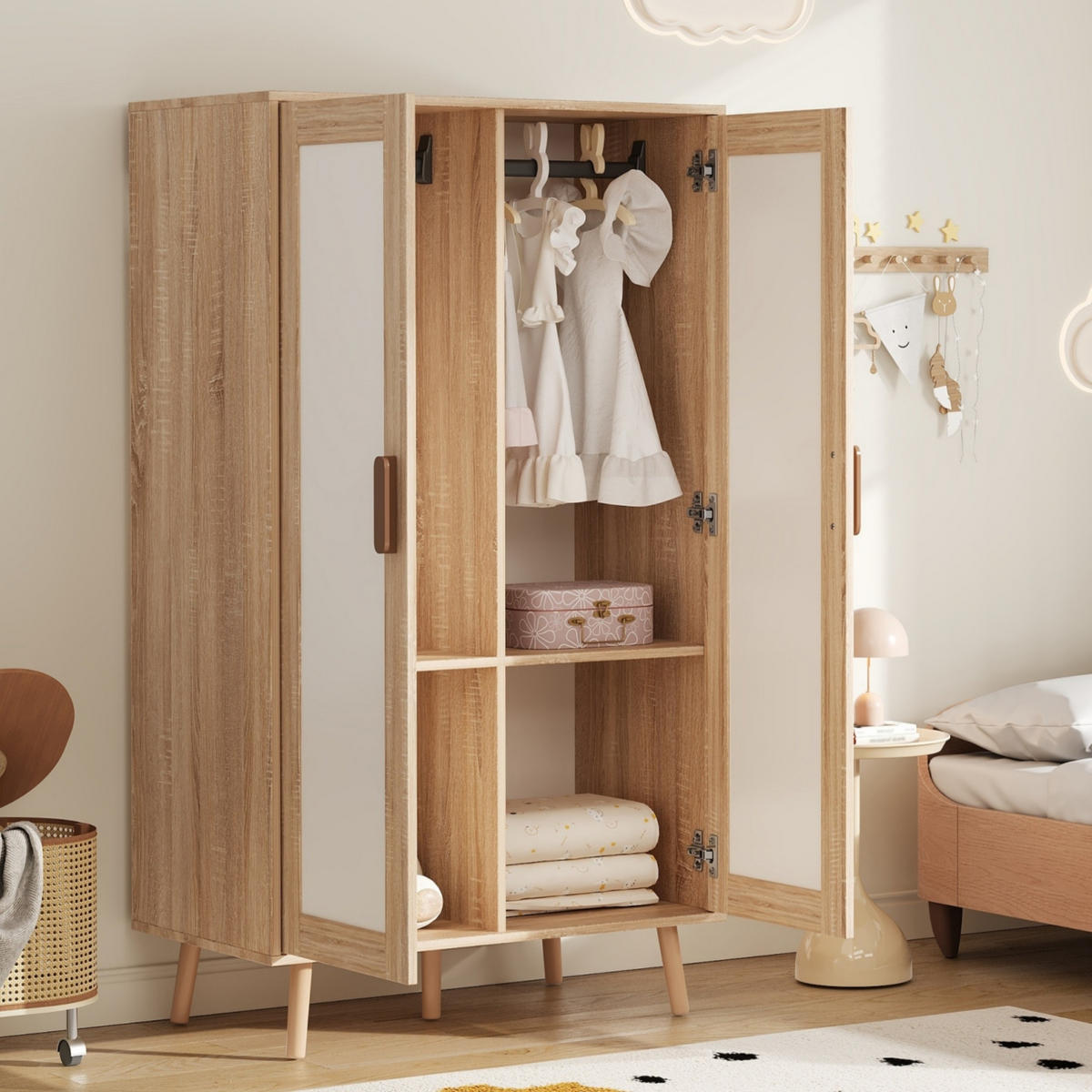 KLEIDERSCHRANK aus MDF 80x46x141,5 cm Weiß/Natur mit Kleiderstange, Ablagefach und Kippschutz - Naturfarben, Holzwerkstoff (80/141.5/46cm) - Modfu