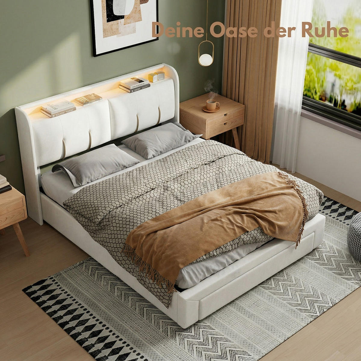 KLÄDD säng 140/200 cm krämfärgad med förvaringsutrymme, LED och USB - Beige, Trä - SHOPENTRA