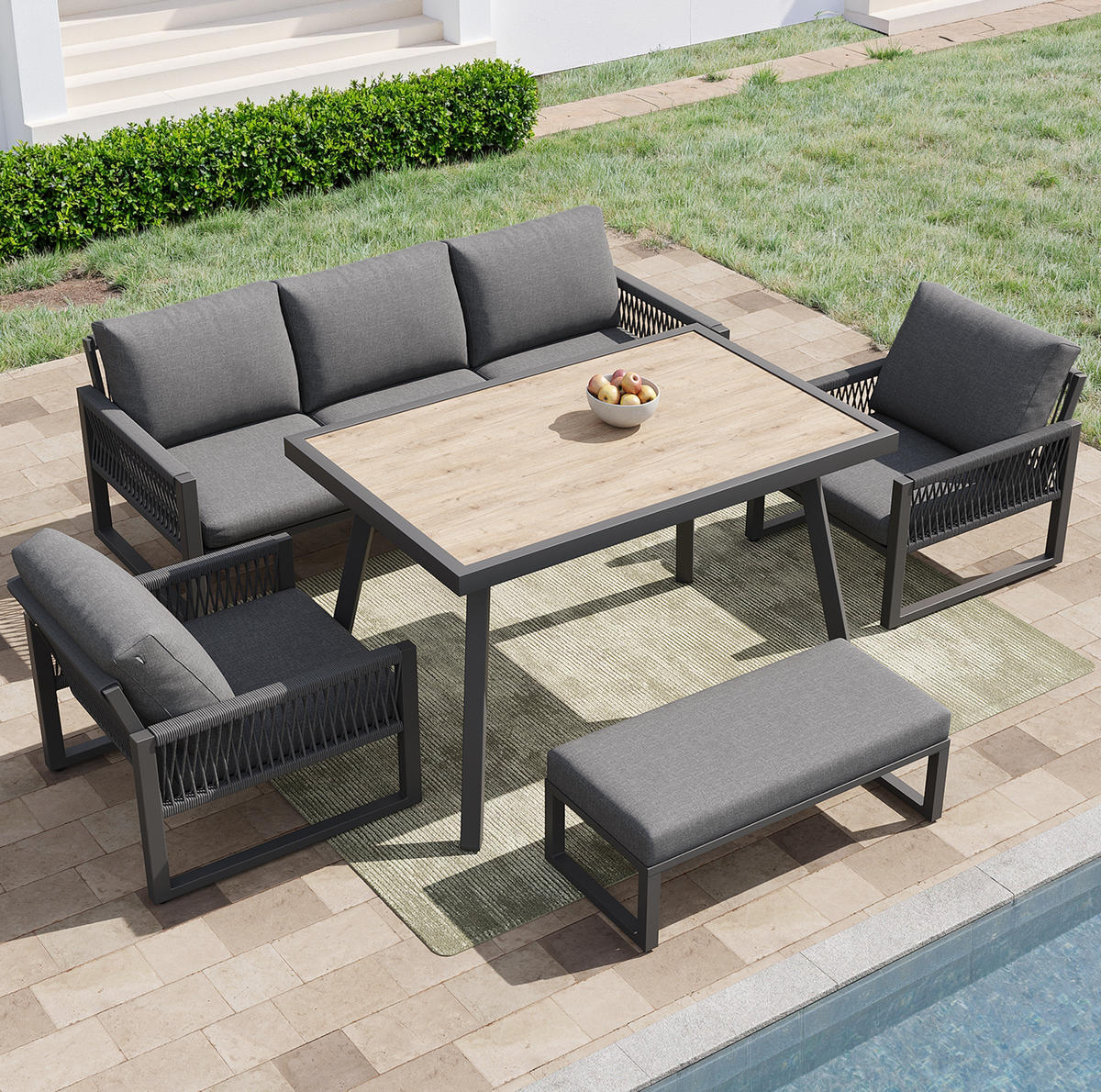 GARTENLOUNGE-SET 184/64/80 cm mit Tisch, Seilgeflecht, Glasplatte und Polsterkissen, Grau - Grau, Metall - Redom