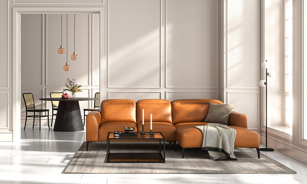 ECKSOFA mit Longchair - Cognac/Schwarz, Leder/Metall (265/180cm) - home24