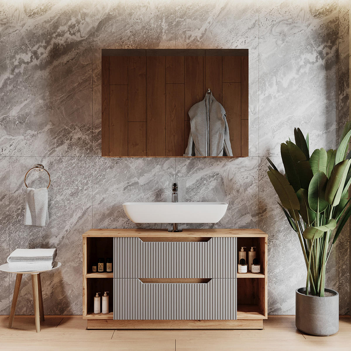 BADMÖBEL-SET Lotta Eiche/grau gestreift 2 Teile - Eichefarben/Grau, Holzwerkstoff (119.2/62.5/35cm) - Vicco