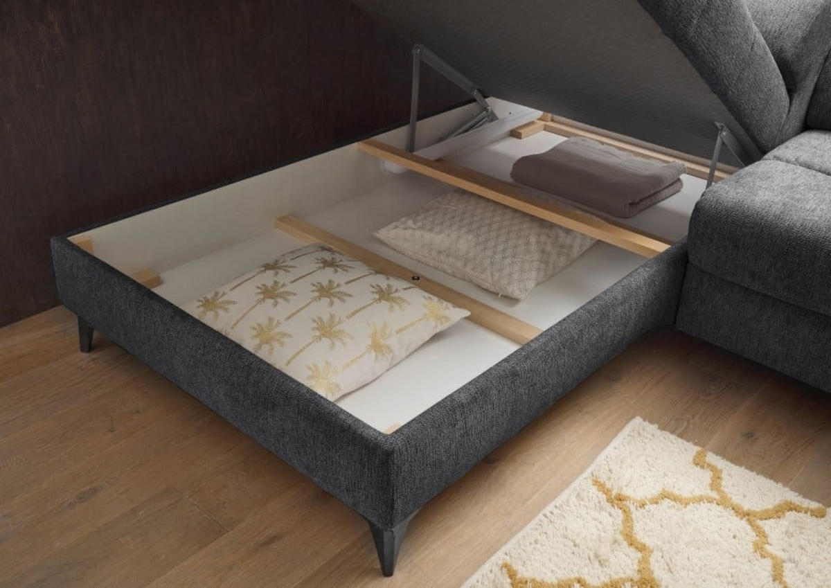 ECKSOFA mit Schlaffunktion und Bettkasten, Luxus-Mikrofaser - Anthrazit/Schwarz, Textil/Metall (282/198cm) - ed exciting design