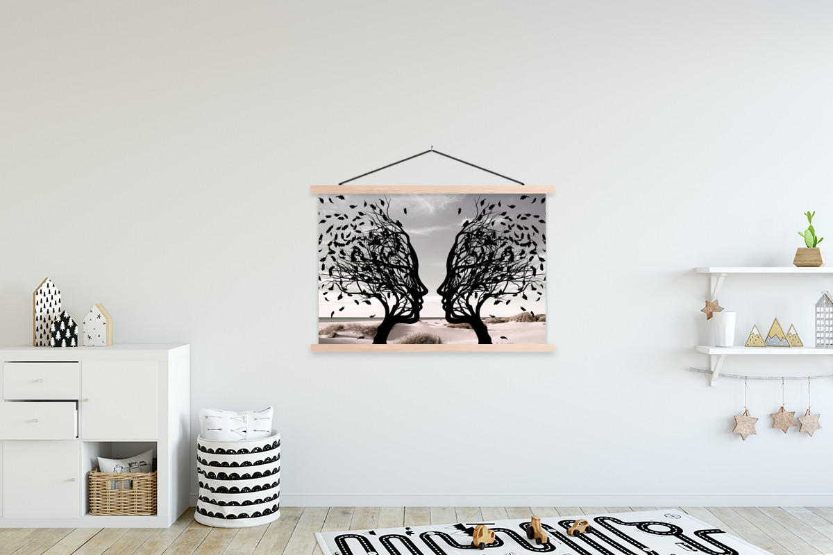 POSTER Strand - Meer - Menschen - Baum - Moderne Kunst 120x80 cm - Hellgrau, Textil (120/80/0.15cm) - MuchoWow