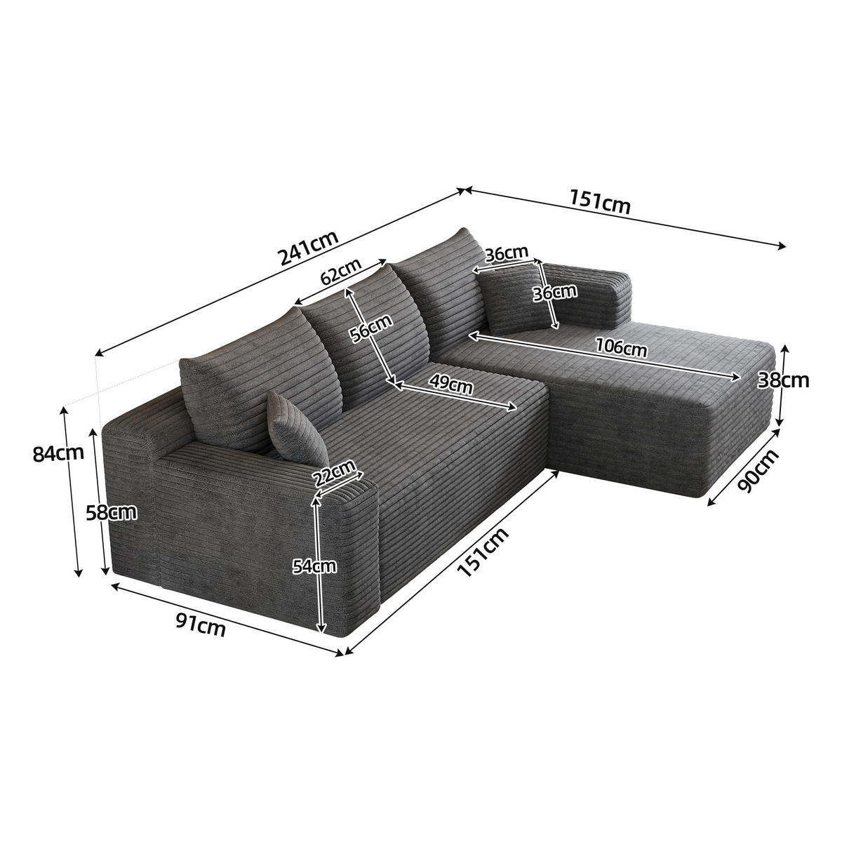 L-FÖRMIGES ECKSOFA Dunkelgrau 241/151/58 cm 3-Sitzer Ohne Montage - Dunkelgrau, Textil (241/151cm) - PANGIVO