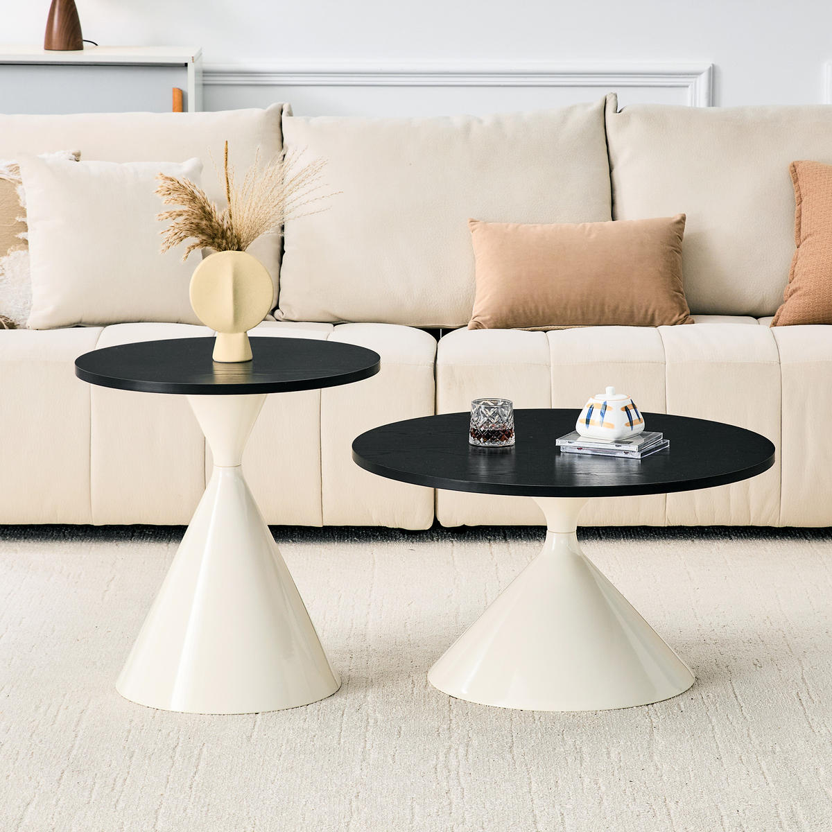 COUCHTISCH-SET DE-37434 2er-Set konusförmig mit Holzoptik Schwarz/Creme - Creme/Schwarz, Metall (50/50/50cm) - ComfortXL