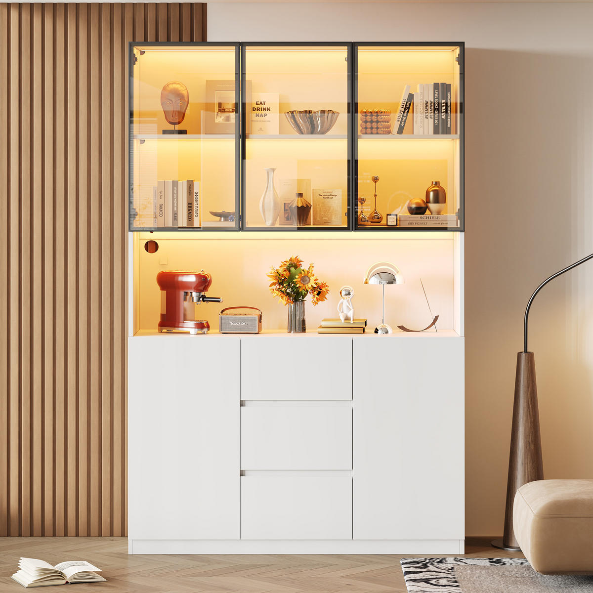 VITRINE LED 200cm 3 Schubladen 2 Türen Weiß - Weiß, Holzwerkstoff (120/200/40cm) - FLIEKS