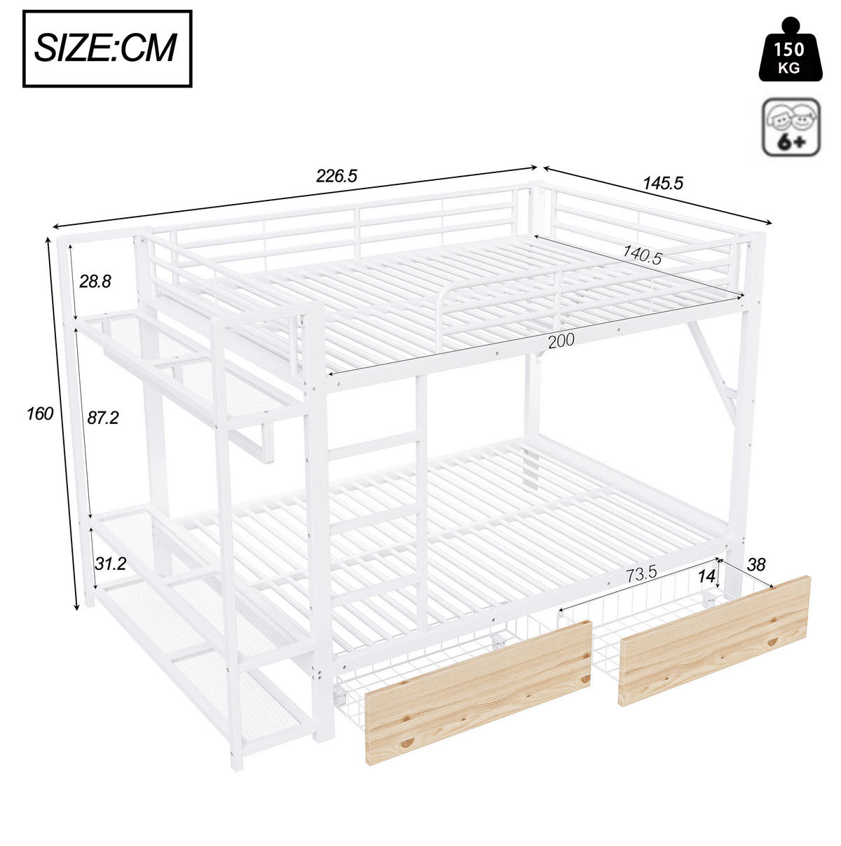 ETAGENBETT 140/200 cm in Weiß mit LED-Beleuchtung und 2 Schubladen - Weiß, Metall - BEAOK