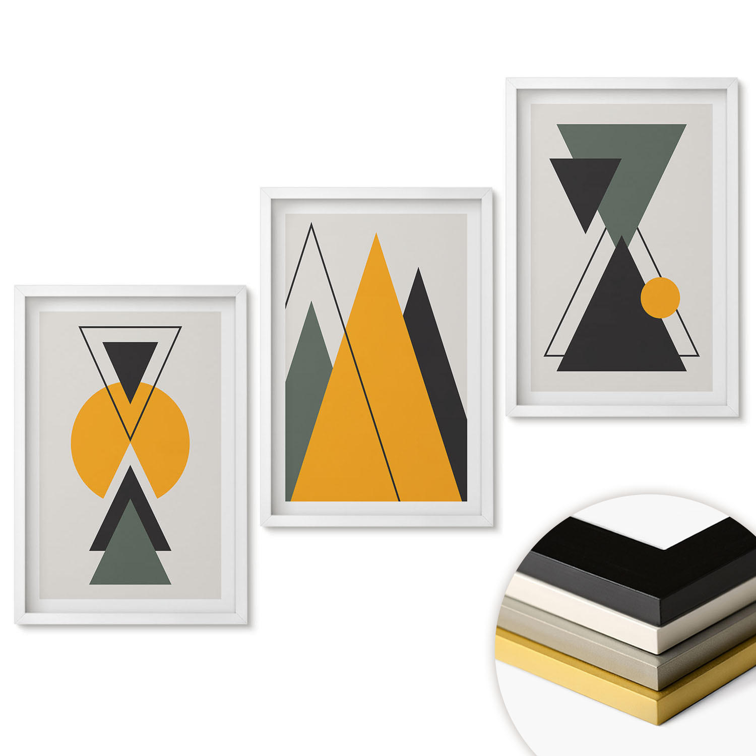 WANDBILDER 3er-Set - 40x60 cm Weißer Rahmen - Abstrakte geometrische Formen - Weiß, Kunststoff (40/60cm) - ArtPrintCave