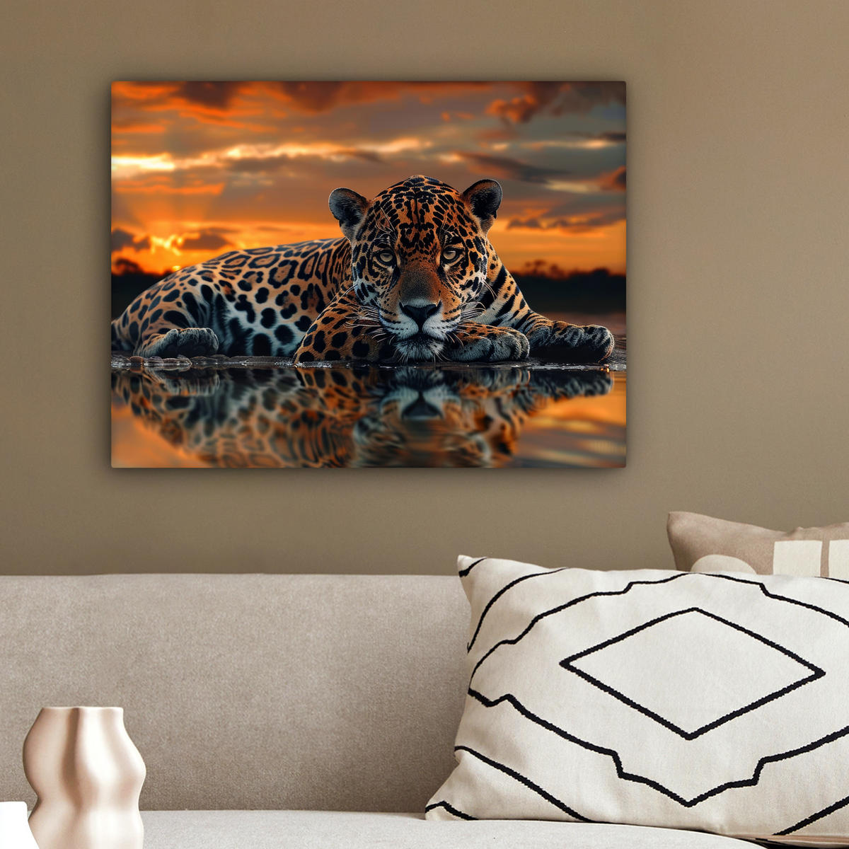LEINWANDBILD Natur - Leopard - Tier - Sonnenuntergang - Modern 40x30 cm - Orange, Textil (40/30cm) - MuchoWow