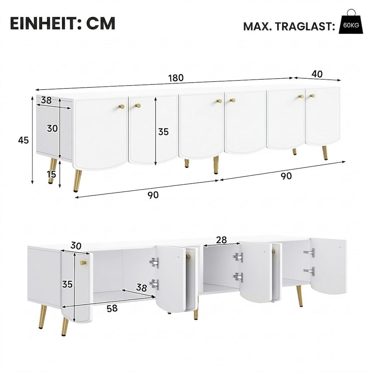 TV-SCHRANK 180/40/45 cm Weiß mit 6 Türen, Goldenen Beinen und Griffen - Goldfarben/Weiß, Holz/Holzwerkstoff (180/45/40cm) - Oxeza