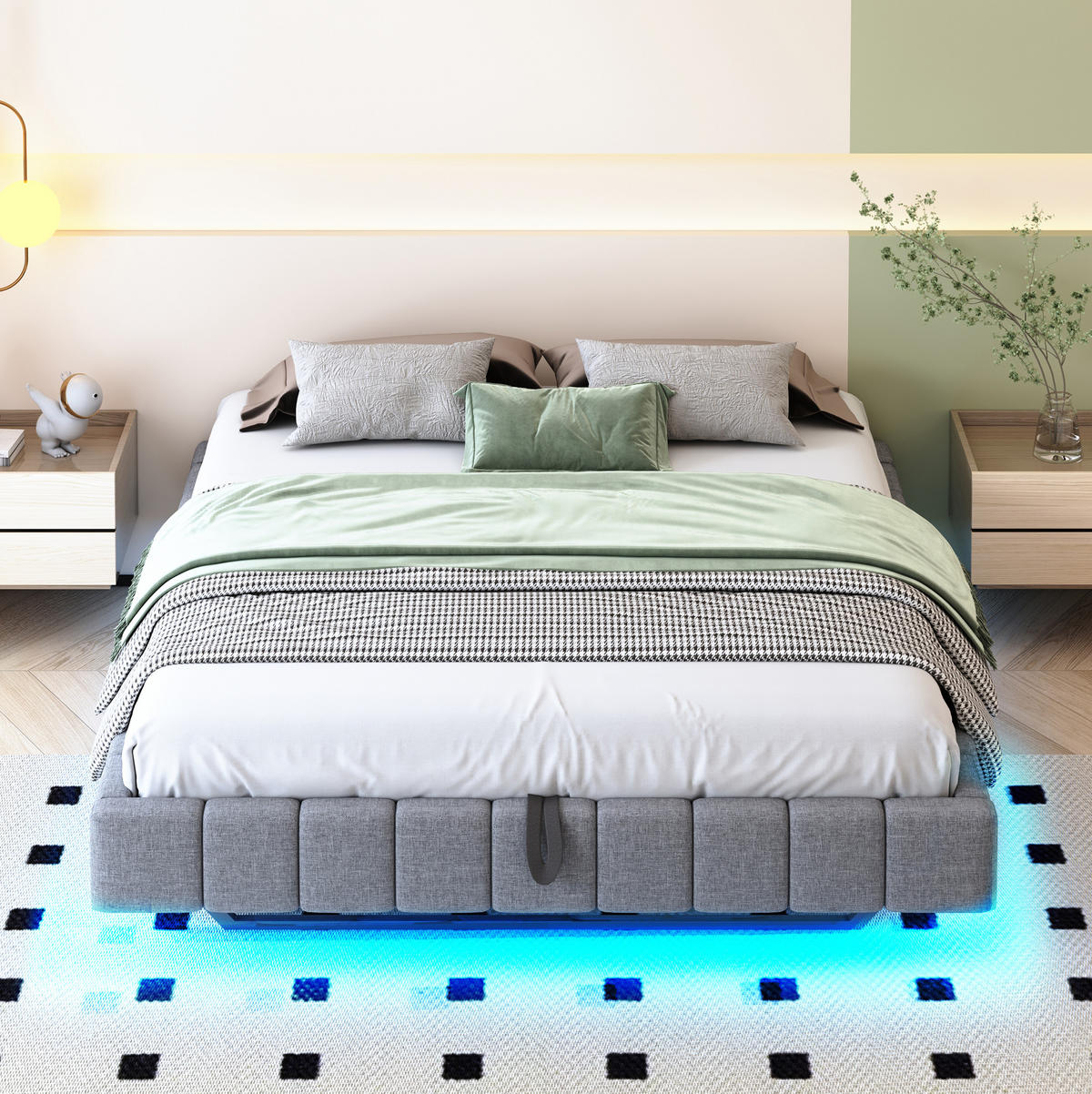 ČALÚNENÁ posteľ z látky a kovu 160x200 cm sivá s LED osvetlením a úložným priestorom, bez čela - sivá, textil (160/200cm) - Modfu