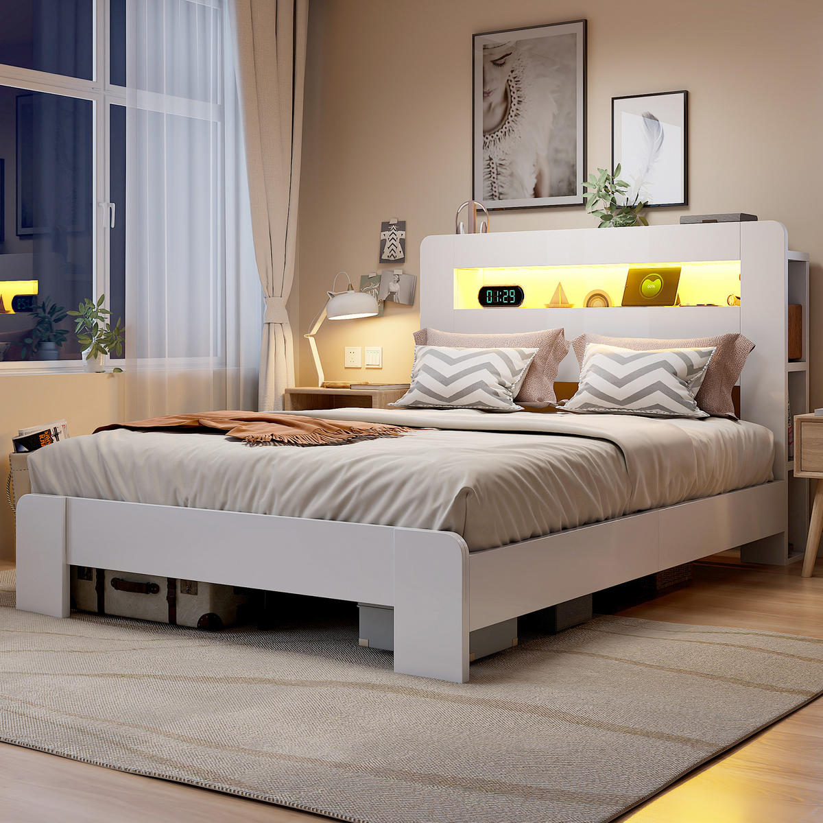 RAHMENBETT 140/200 cm in Weiß mit Stauraum, LED und Steckdosen - Weiß, Holz/Holzwerkstoff (140/200cm) - WISHDOR