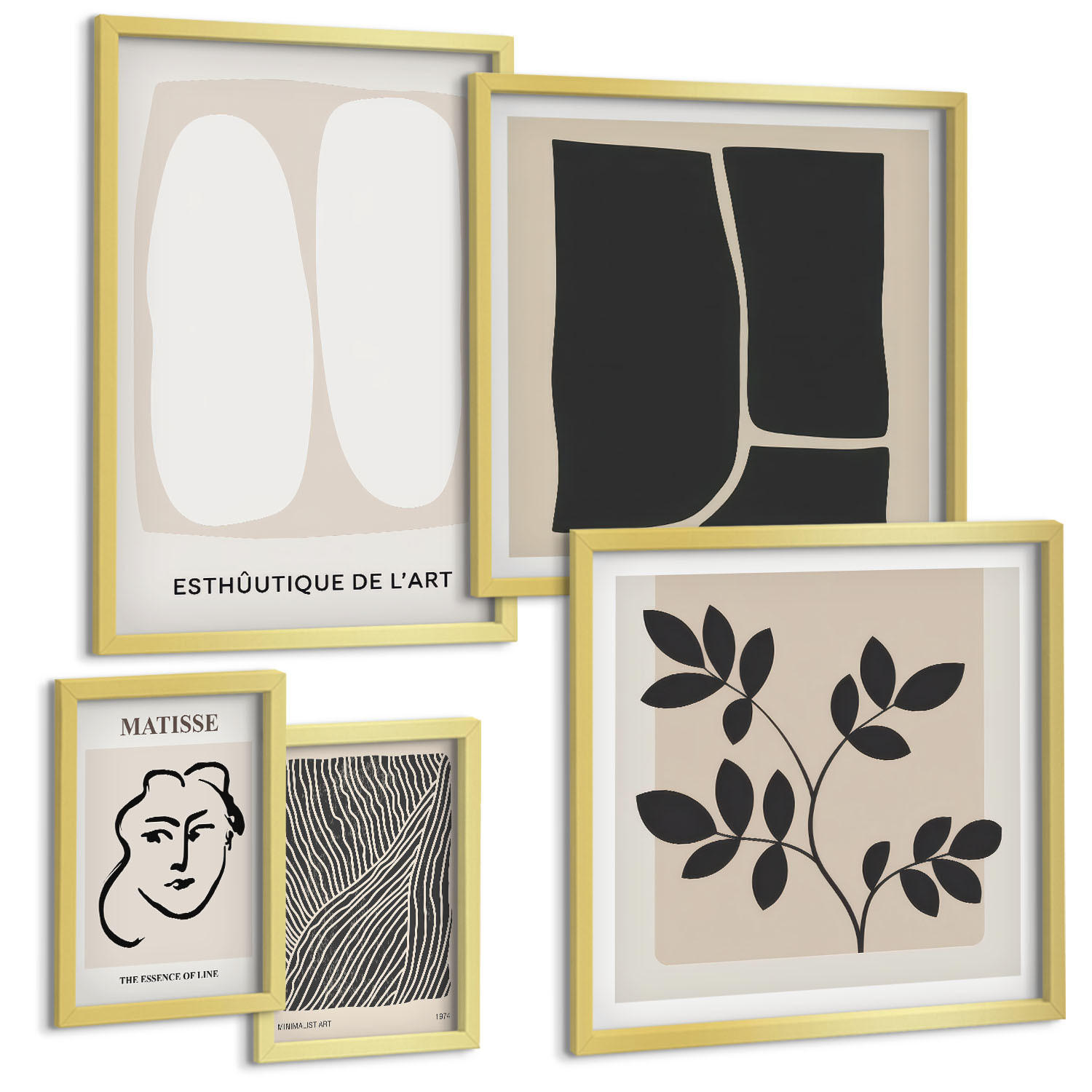 BILDER SET 5er Set - 50x50 cm & 20x30 cm & 40x60 cm Goldrahmen - Minimalistische Pflanzenmuster - Goldfarben, Kunststoff (40/60cm) - TULUP