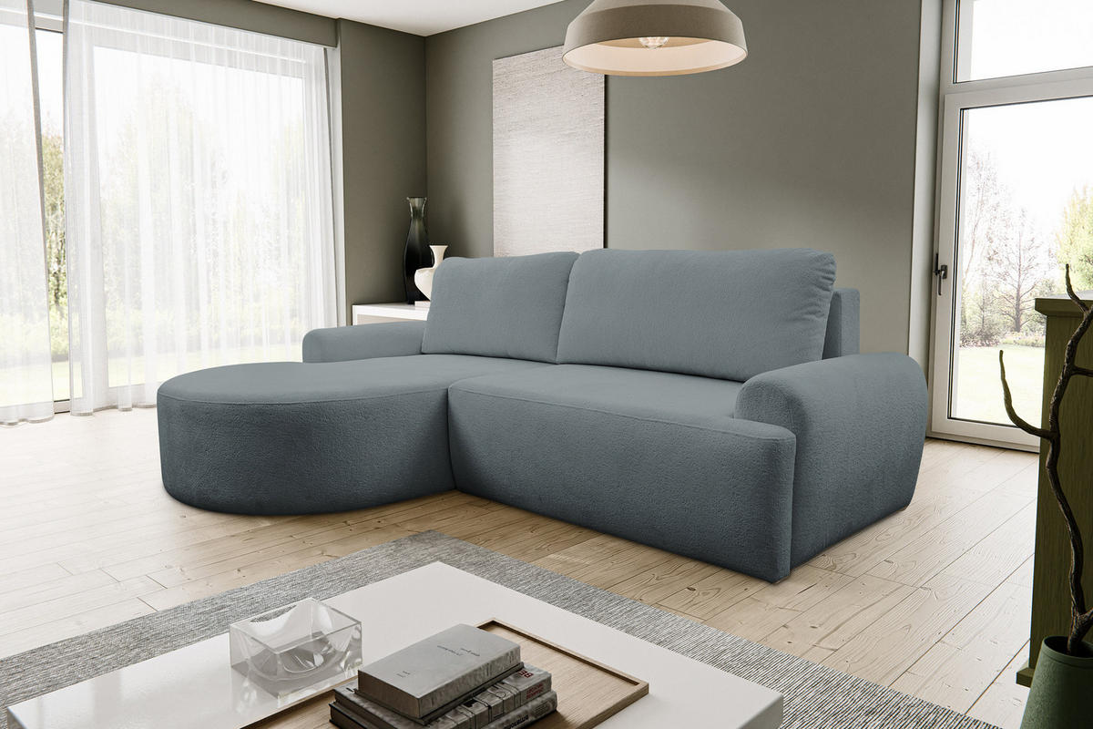 ECKSOFA Dream in L-Form mit Schlaffunktion und Bettkasten, Farbe: Grau, Bouclé-Stoff, Ottomane Links - Grau, Textil (136/260cm) - VENASI MÖBEL