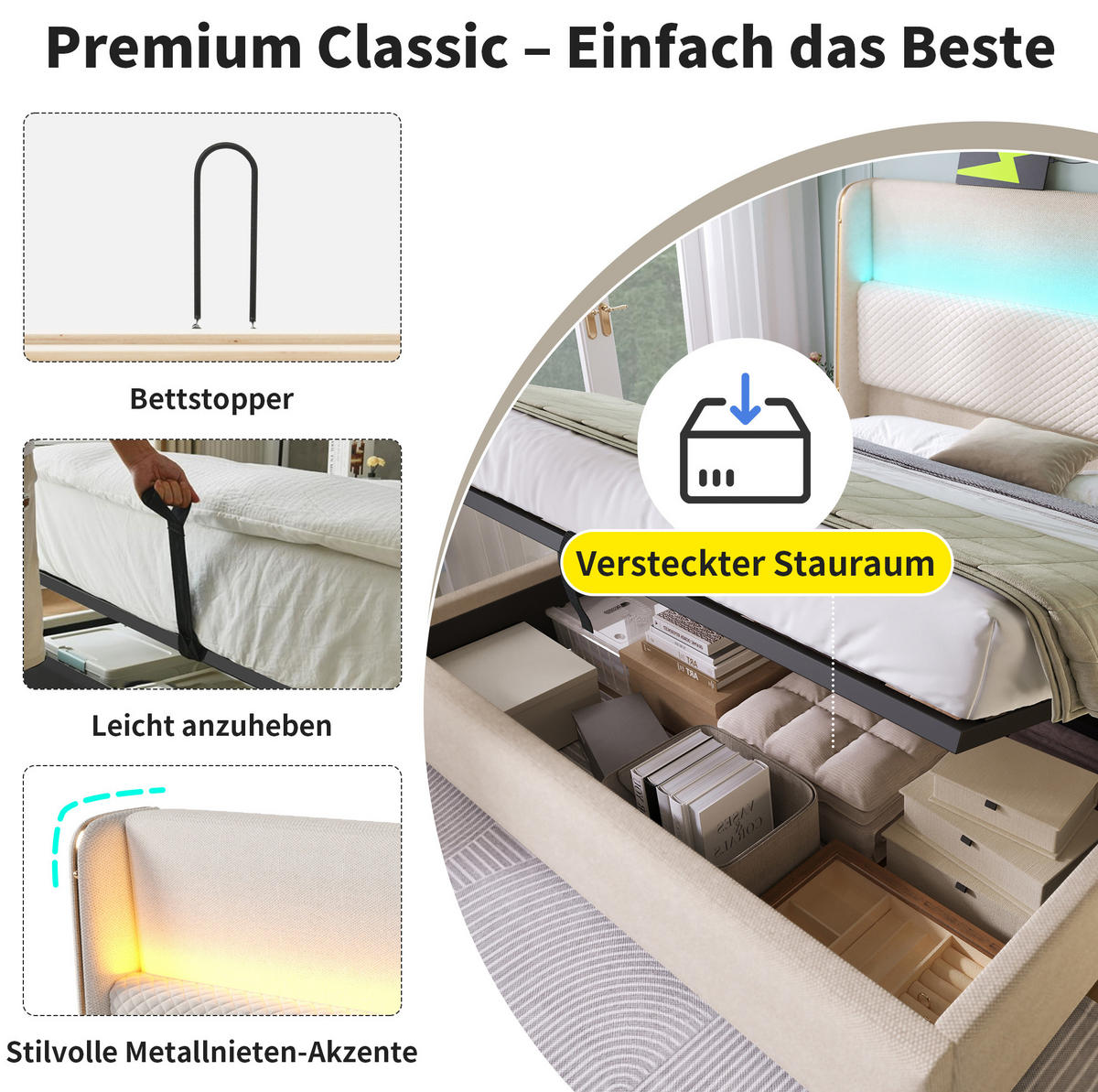 POLSTERBETT 140/200 cm mit LED-Beleuchtung, USB/Type-C, hydraulischem Bettkasten und Leinenbezug und Matratze, Beige - Beige, Textil (140/200cm) - Redom