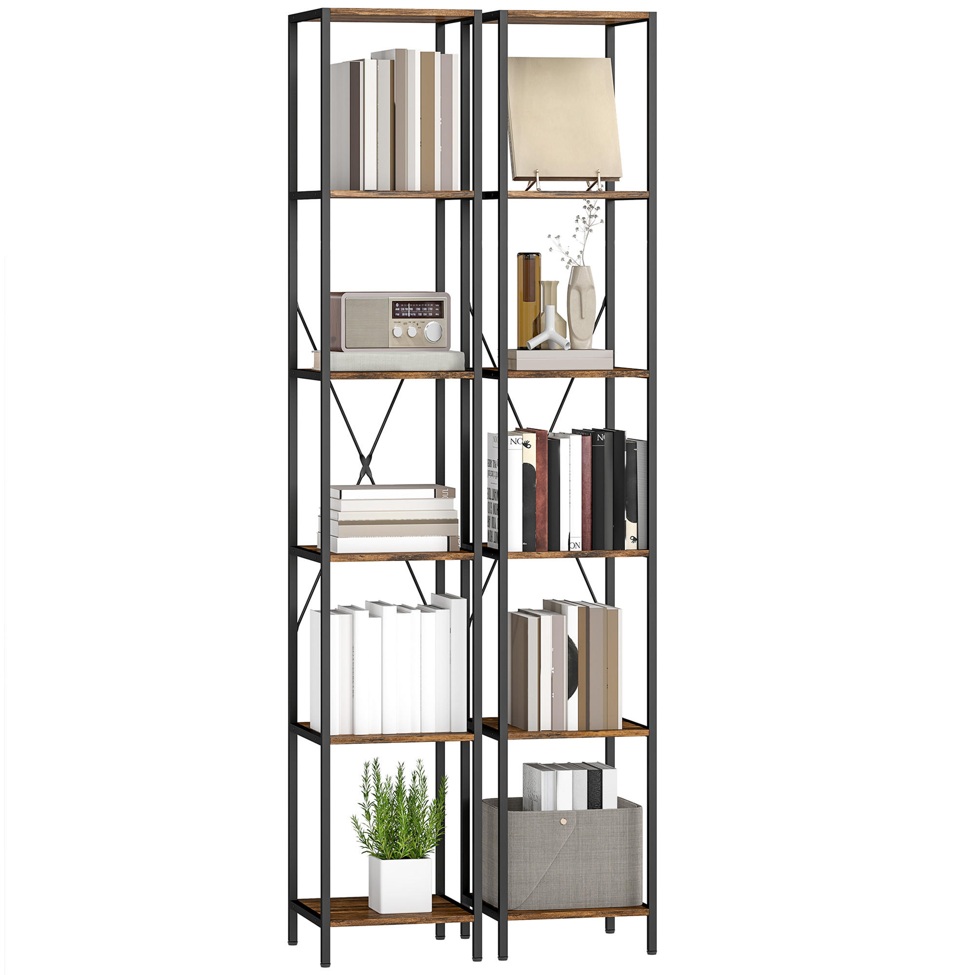 BÜCHERREGAL DE-09386 2er-Set, 6 Ebenen Rustikal-Braun - Braun, Holzwerkstoff (30/174.5/30cm) - ComfortXL