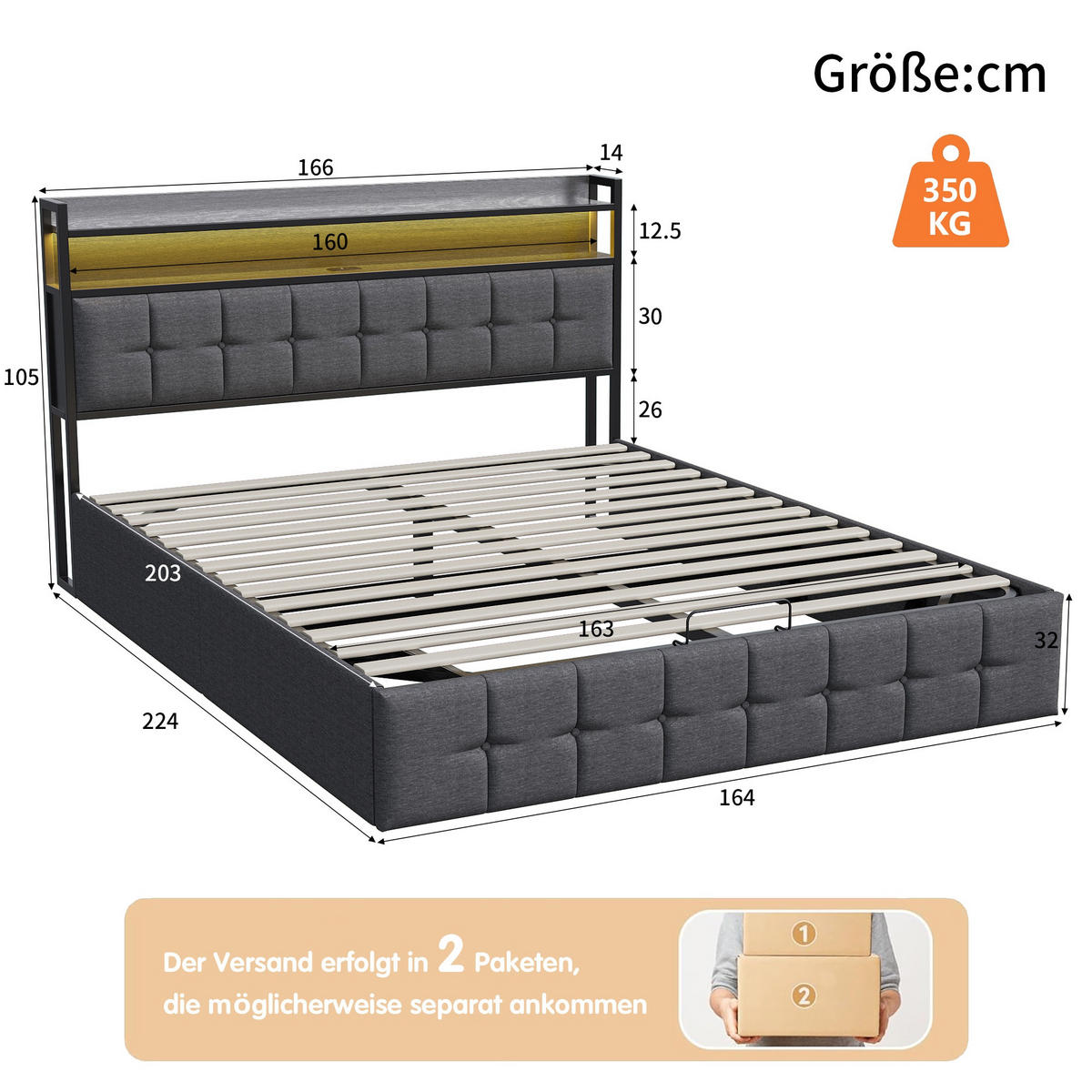 POLSTERBETT 160x200 cm Smart-Lift Pro mit Hydraulik-Stauraum, RGB-LED & Ladestation, Leinen-Optik, Grau - Grau, Textil (160/200cm) - DELFA