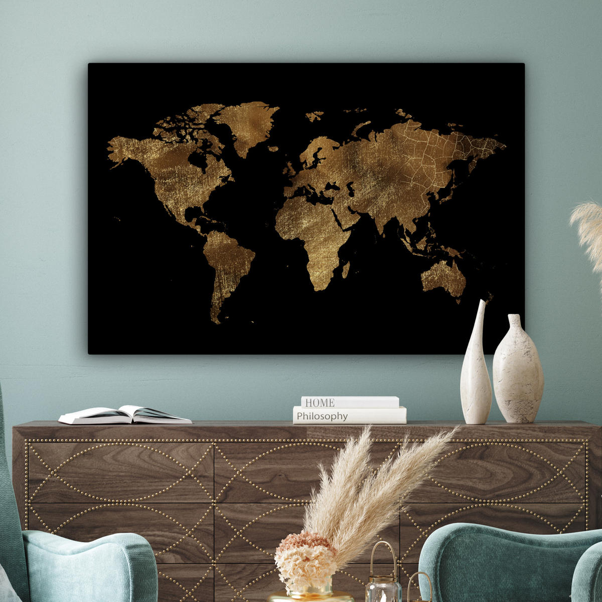 LEINWANDBILD Weltkarte - Gold - Luxus - Erde - Schwarz Wohnzimmer Groß 120x80 cm - Goldfarben, Textil (120/80cm) - MuchoWow