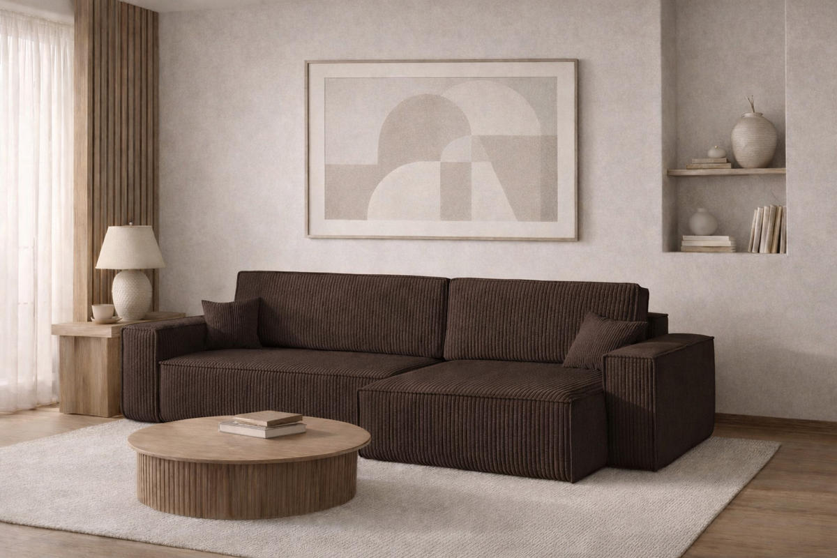 ECKSOFA Mit Schlaffunktion Und Bettkasten, Eckcouch BEST XL Stoff Poso Dicker Cord Braun Rechts - Schwarz/Braun, Holz/Kunststoff (274/83/142cm) - Kaiser Möbel