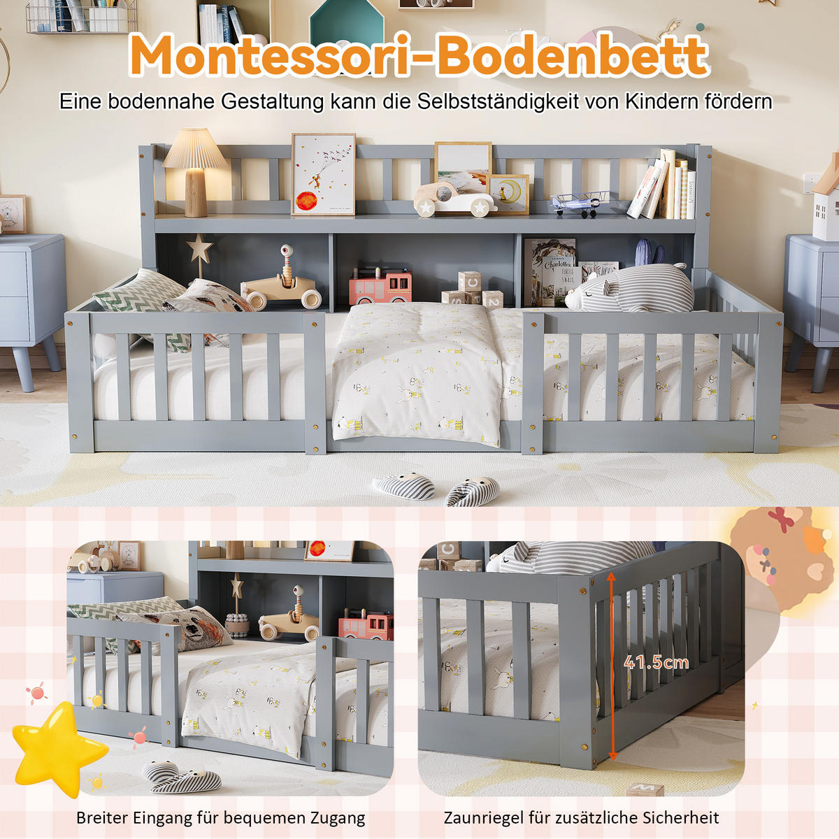 KINDERBETT 90x200 cm mit Bücherregal, Rausfallschutz und Lattenrost, Grau - Grau, Holz (90/200cm)