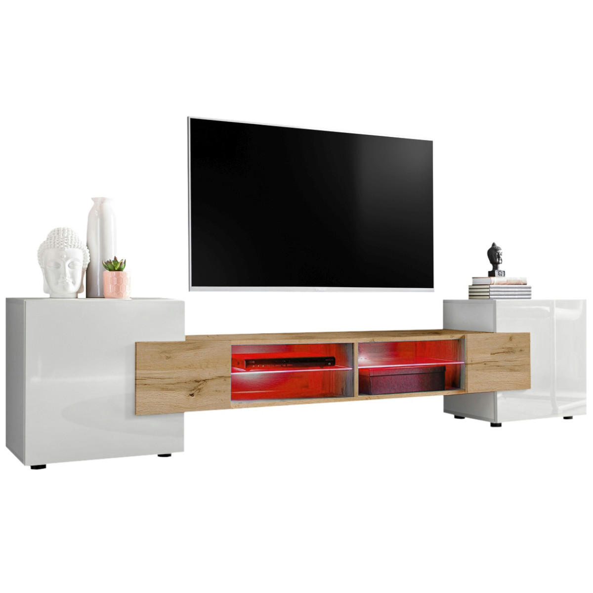 LOWBOARD MERANO Weiß, LED Beleuchtung Mehrfarbige - Eiche Wotan/Weiß, Glas/Holzwerkstoff (230/52.5/35cm) - Komodee