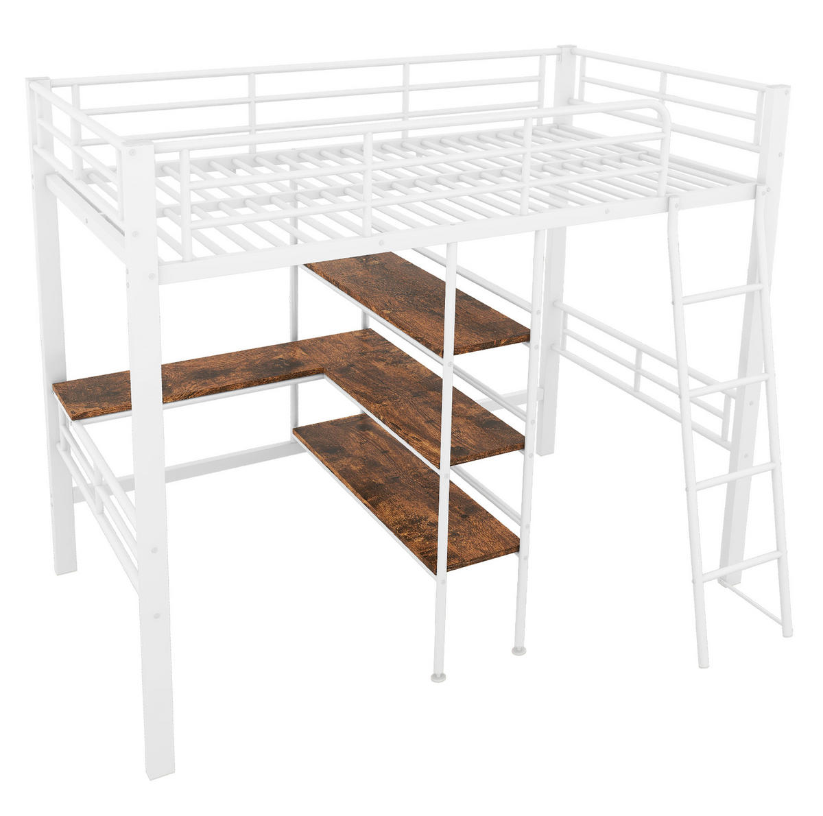 HOCHBETT 90/200 cm in Weiß mit Schreibtisch, Regalen und Leiter - Weiß, Metall (90/200cm) - Flora Grace