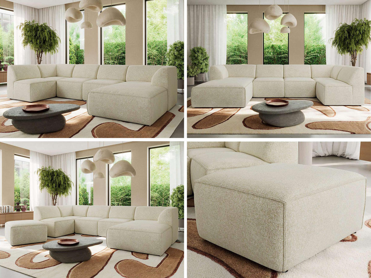 WOHNLANDSCHAFT MODARO U 6M - Creme Struktur - Rechts - Creme/Schwarz, Textil (345/78/180cm) - MKS