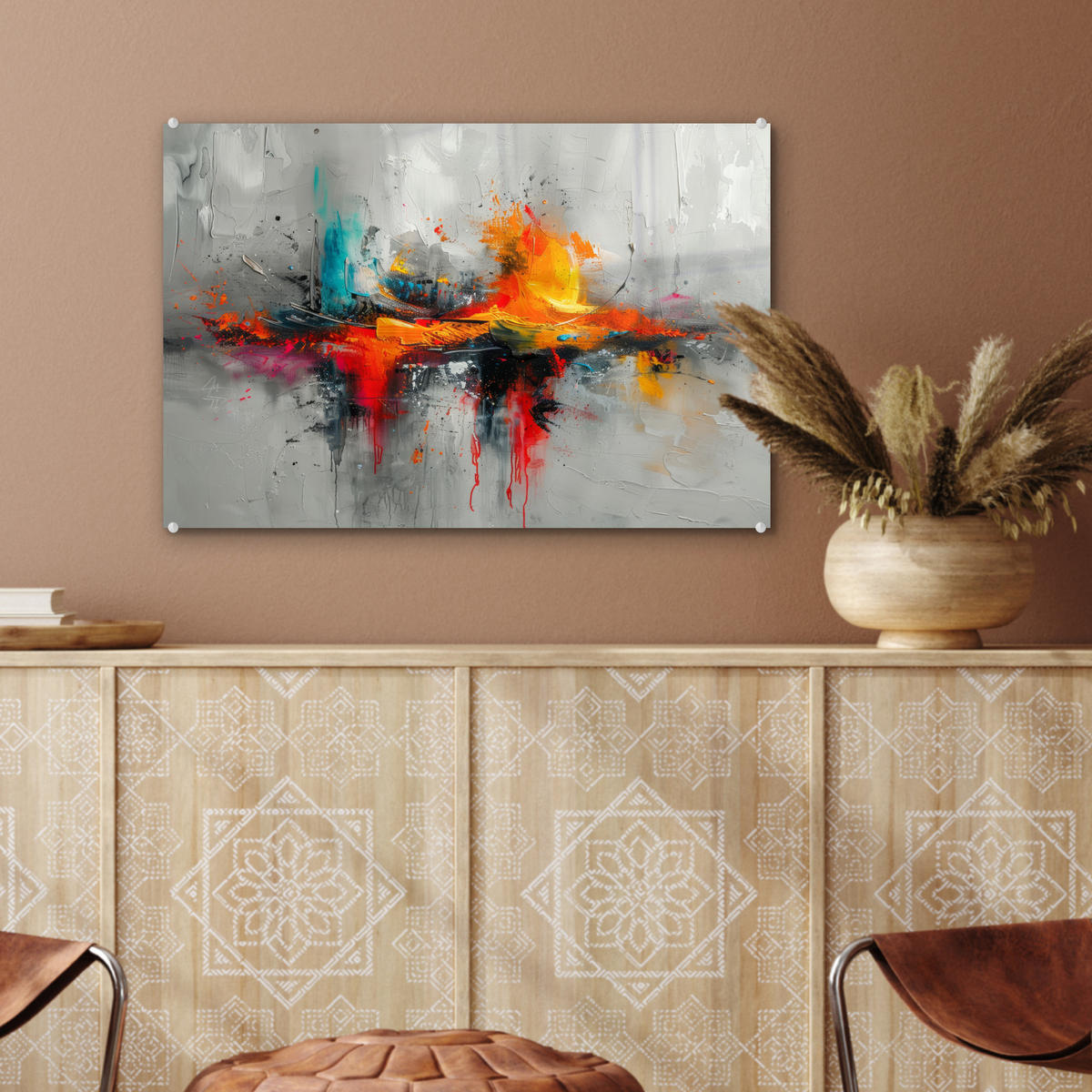 ACRYLGLASBILD Moderne Kunst - Orange - Grau - Abstrakt 60x40 cm - Hellgrau, Glas (60/40cm) - MuchoWow