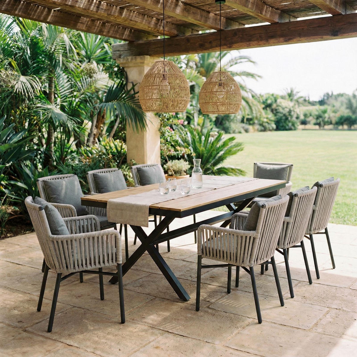 GARTENMÖBEL SET AFUERA 9er Set grau, natur, cremeweiß - Grau, Kunststoff - IDIMEX