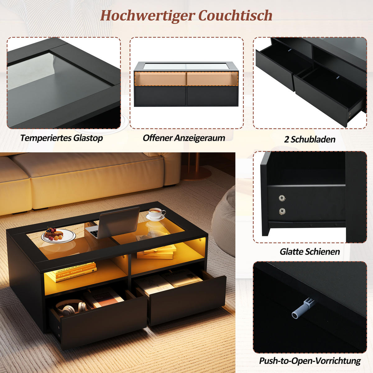 COUCHTISCH in Schwarz Wohnzimmertisch mit LED-Beleuchtung, Glasplatte, 2 Schubladen & offenem Stauraum, B100/T50/H35cm - Schwarz, Glas/Holzwerkstoff (50/100/35cm) - STILVORA