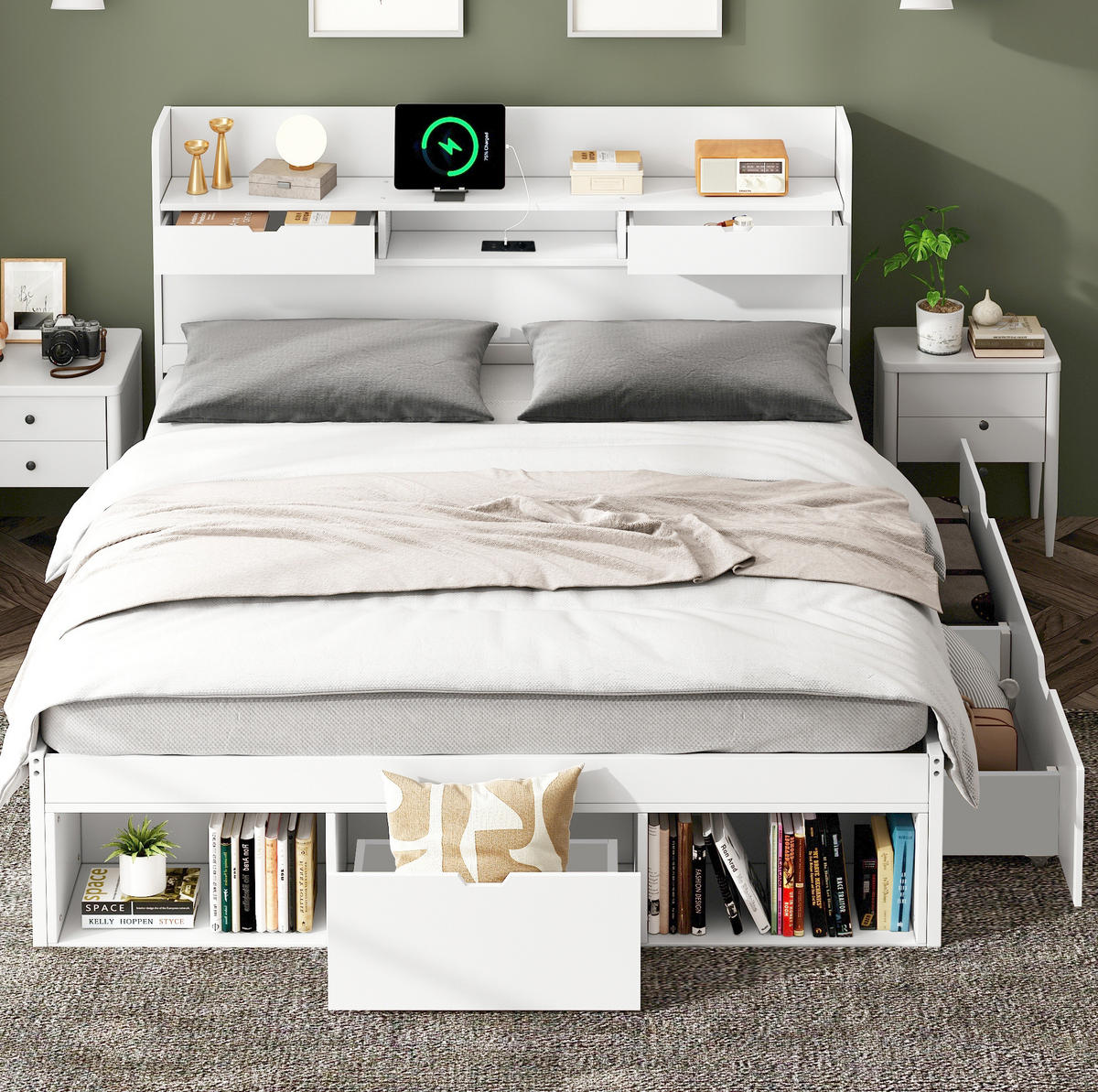 JUGENDBETT 140/190 cm in Weiß mit USB-Anschluss, Stauraum und Lattenrost - Weiß, Holz (140/190cm) - BEAOK