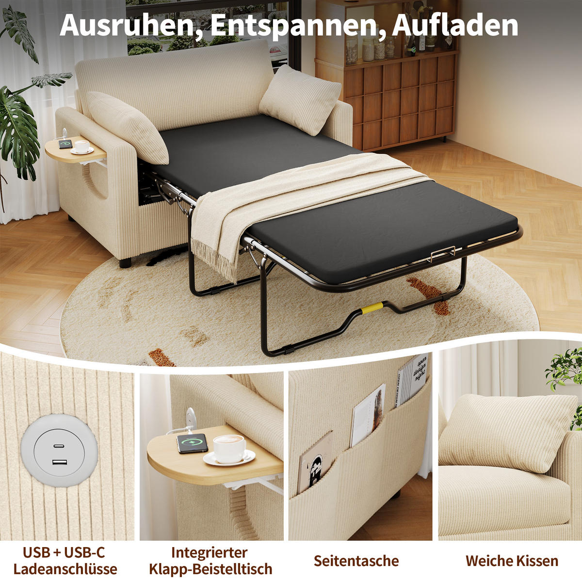 SCHLAFSOFA 2-Sitzer ausziehbar mit USB und Seitentisch, Beige - Beige, Textil (134/84/82cm)