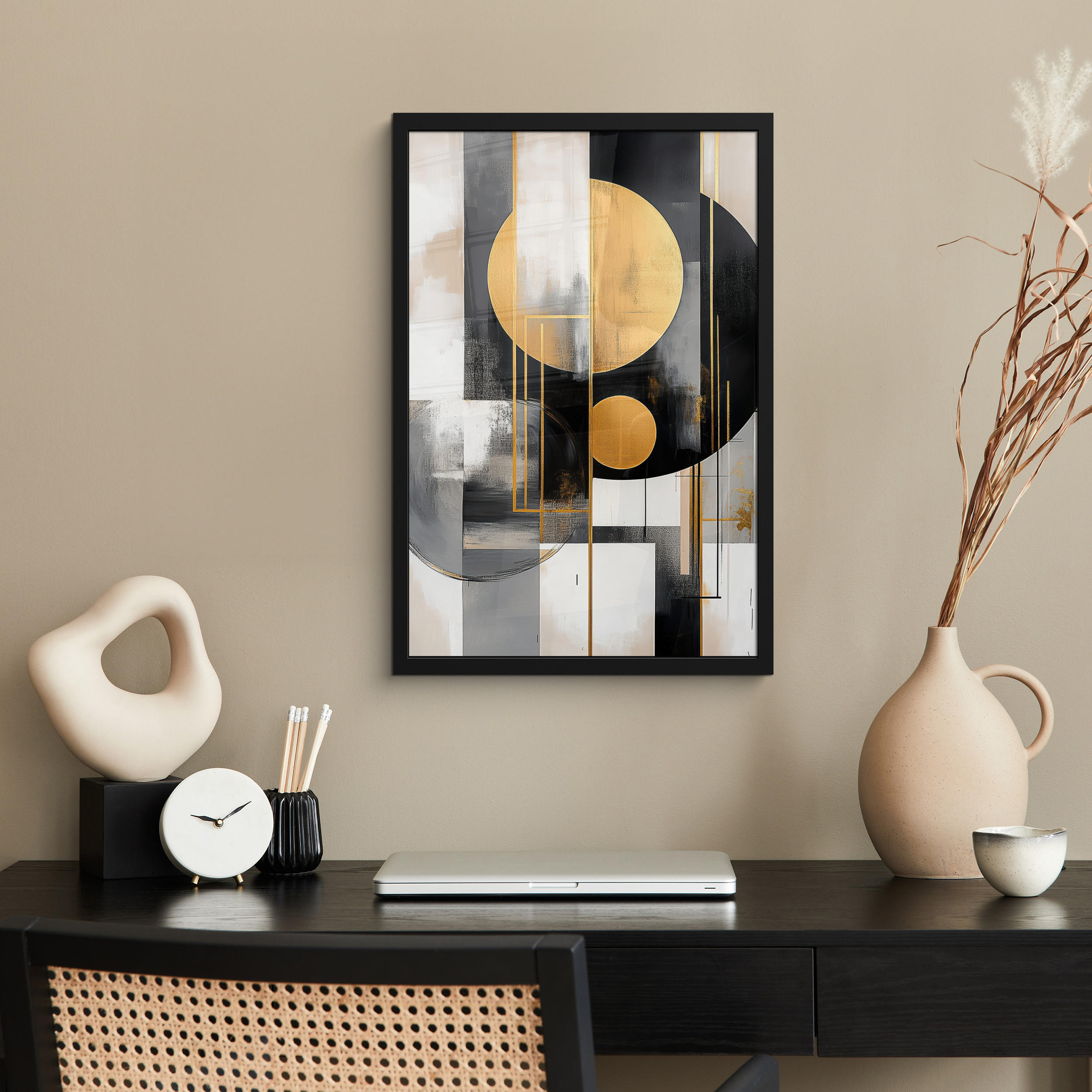 GERAHMTES BILD Abstrakt - Gold - Silber - Formen - Ästhetisch - Modern 40x60 cm - Goldfarben, Papier (40/60cm) - MuchoWow