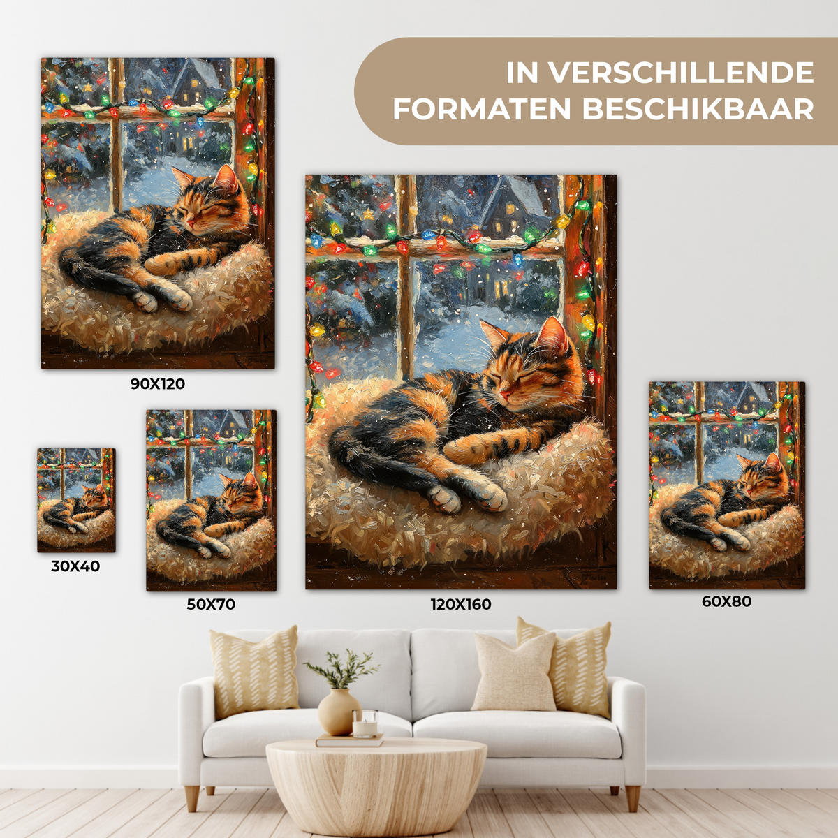 LEINWANDBILD Katze - Weihnachten - Winter - Tier Wandbild Wohnzimmer 60x80 cm - Bernsteinfarben, Textil (60/80cm) - MuchoWow