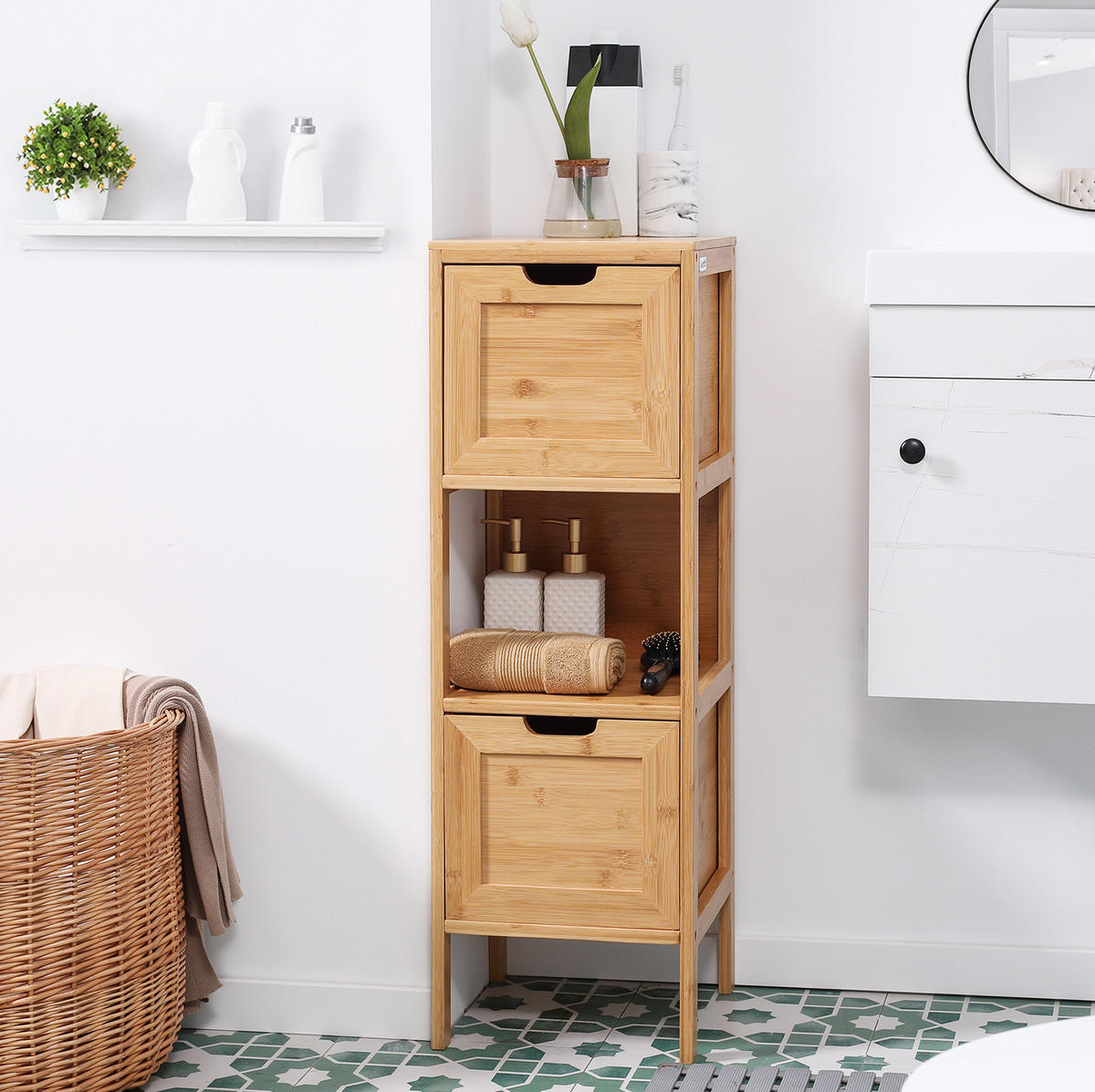 BADEZIMMERSCHRANK 30x30x90 cm Natur aus Bambus mit Kippsicherung & Schubladen - Naturfarben, Naturmaterialen (30/90/30cm) - Modfu