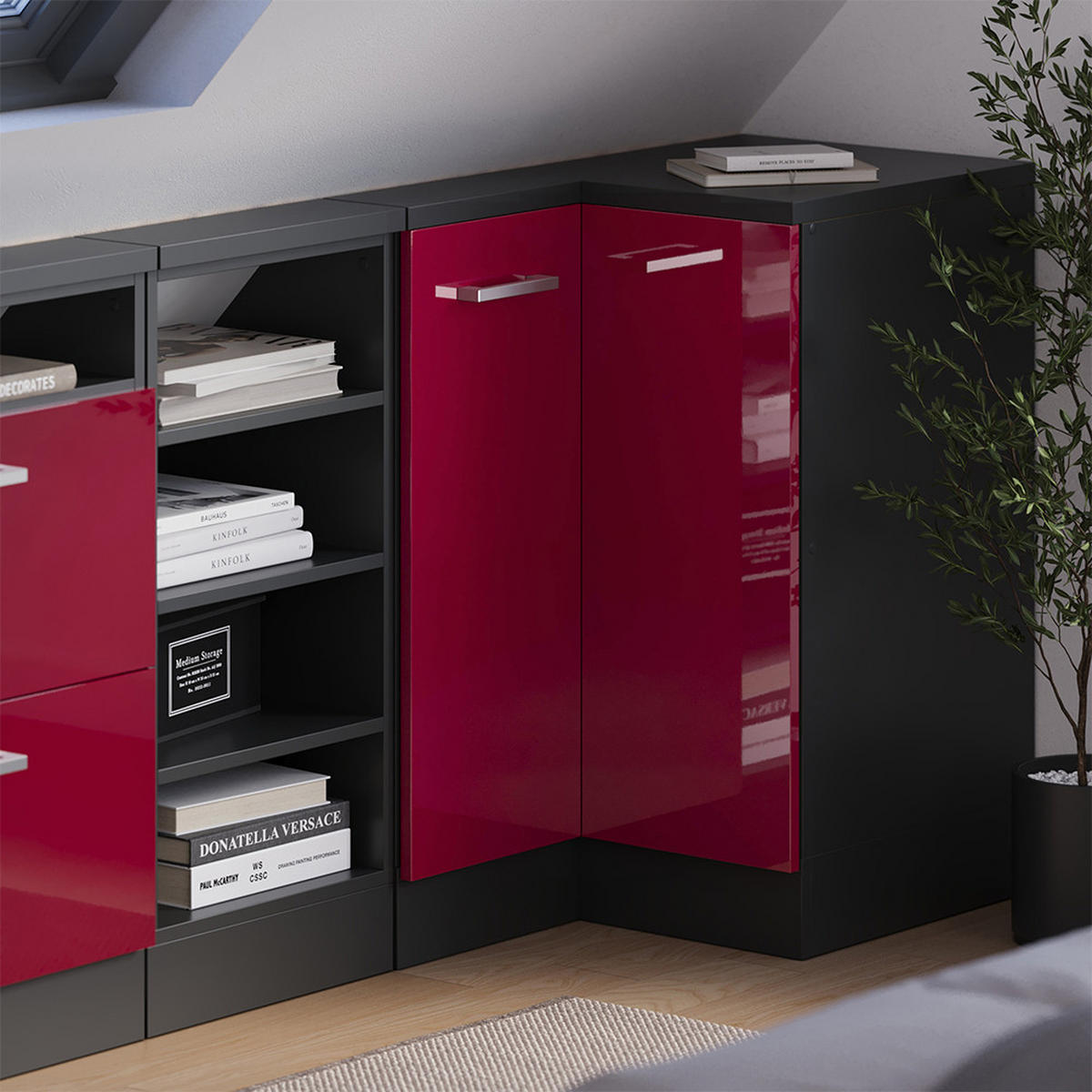 DACHSCHRÄGENSCHRANK ECKSCHRANK Rion Rot Hochglanz/Anthrazit 75.6 x 81.6 cm mit 1 Tür - Anthrazit/Rot, Holzwerkstoff (75.6/81.6/75.6cm) - Vicco