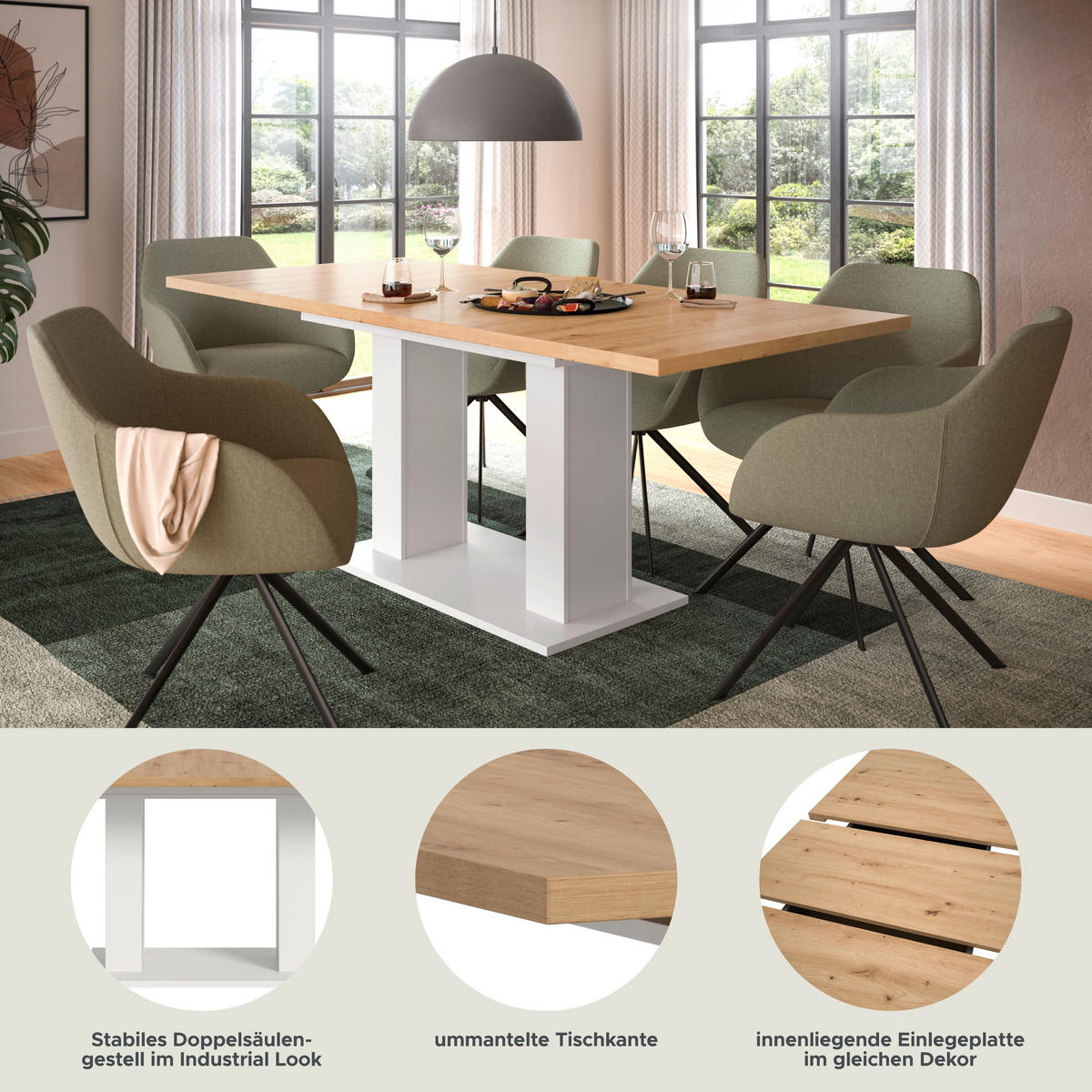 ESSTISCH MOTION (B/H/T: ca. 150/76/90 cm) in Weiß/Artisan Oak Nachbildung - Weiß, Holzwerkstoff (90/150/76cm)