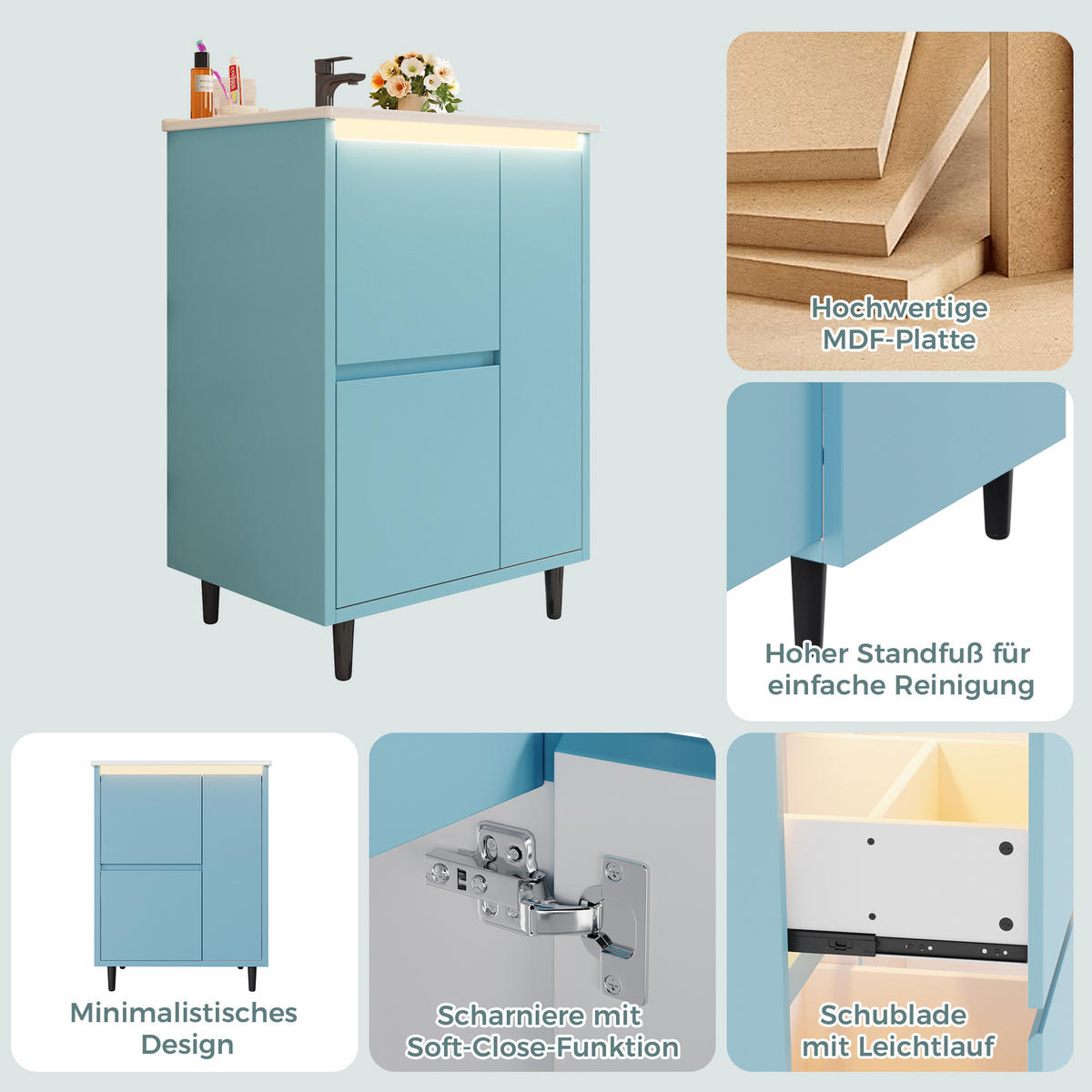 WASCHTISCHKOMBI 61/46.5/87 cm Blau mit 2 Schubladen, ohne Wasserhahn - Blau, Holz/Holzwerkstoff (46.5/87/61cm) - Oxeza
