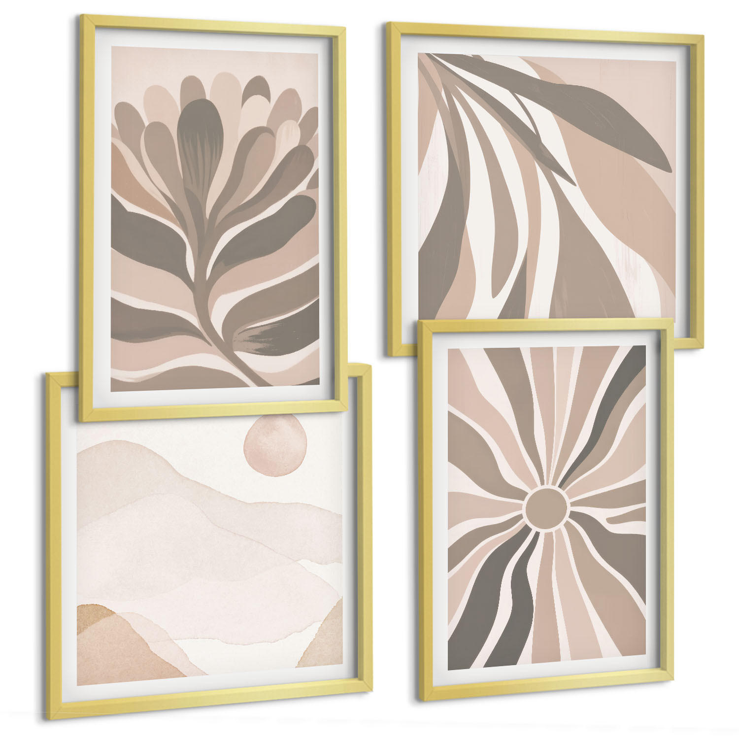 BILDER SET 4er Set - 50x50 cm & 40x60 cm Goldrahmen - Abstrakte Pflanzenmuster - Goldfarben, Kunststoff (50/50cm) - TULUP