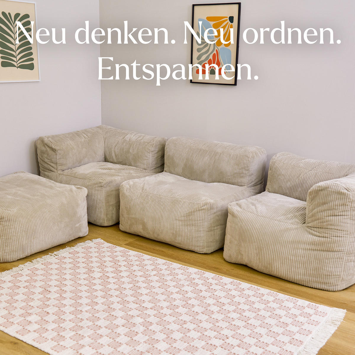 SITZSACK-SOFA 4-tlg. ZEN: 2 Ecksessel, Sessel, Fußstütze - Beige, Textil (550/68/100cm) - icon