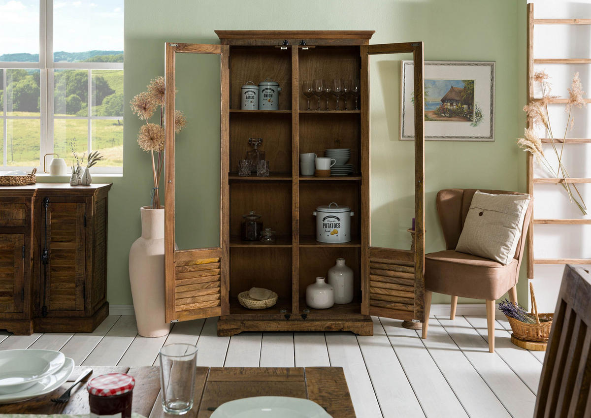 VITRINE Mango 100x45x190 dunkelbraun geölt RODEZ #152 - Dunkelbraun, Holz (100/190/45cm) - Massivmoebel24