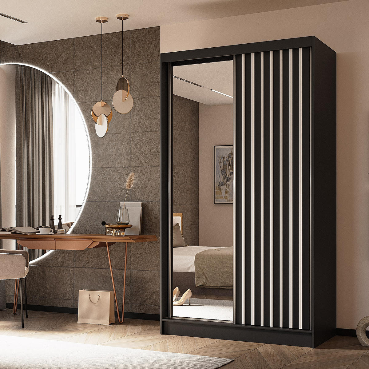 SCHWEBETÜRENSCHRANK LAMELLO 120/216/61 cm 2-türig mit Spiegel Schwarz - Schwarz, Holzwerkstoff (120/216/61cm) - MASSENO