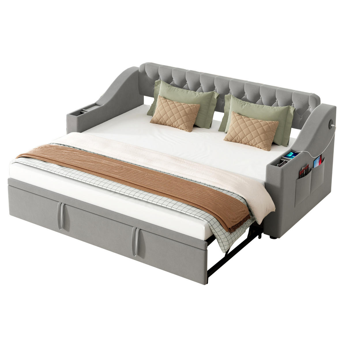 POLSTERBETT 90/180×190 cm Grau aus Samt mit USB- und Type-C-Anschlüssen - Grau, Textil (90/180cm) - Flora Grace