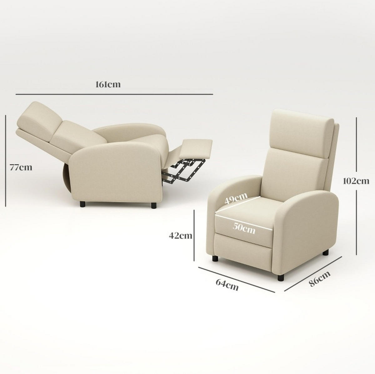 SESSEL 64/86/102 cm in Cremeweiß mit Liegefunktion - Creme, Textil (64/102/86cm) - Flora Grace