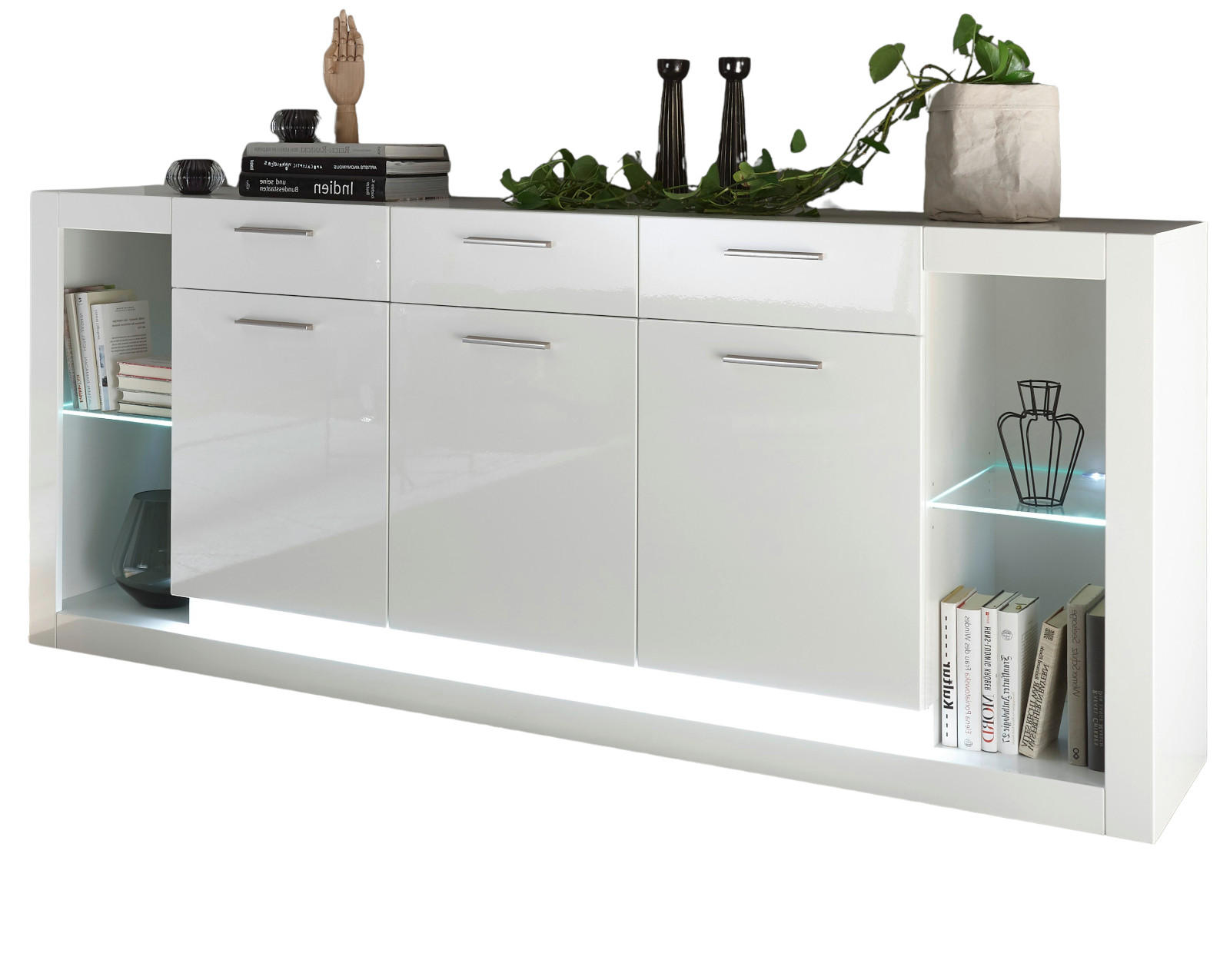 SIDEBOARD weiß Hochglanz 200 cm, große Anrichte mit viel Stauraum - Weiß Hochglanz/Silberfarben, Glas/Holzwerkstoff (198/83/43cm) - Furn.Design