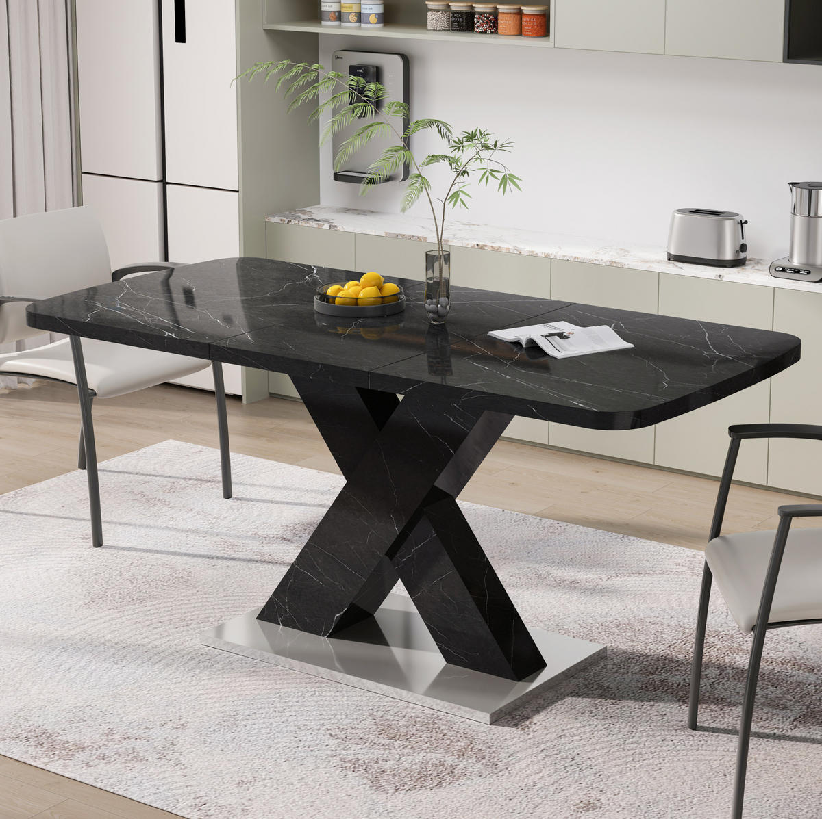 ESSTISCH 160/80/76,5 cm Schwarz mit ausziehbarem Tischplatte aus MDF und X-Beinen aus Metall - Schwarz, Holzwerkstoff (160/80/76.5cm) - OKWISH