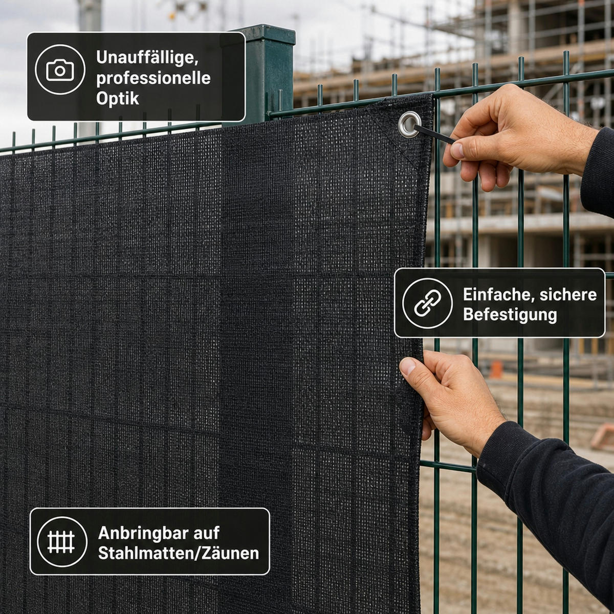 SCHWARZES Bauzaunnetz 1,80m x 3,45m - Schwarz, Kunststoff (180/5cm) - KLASEBO