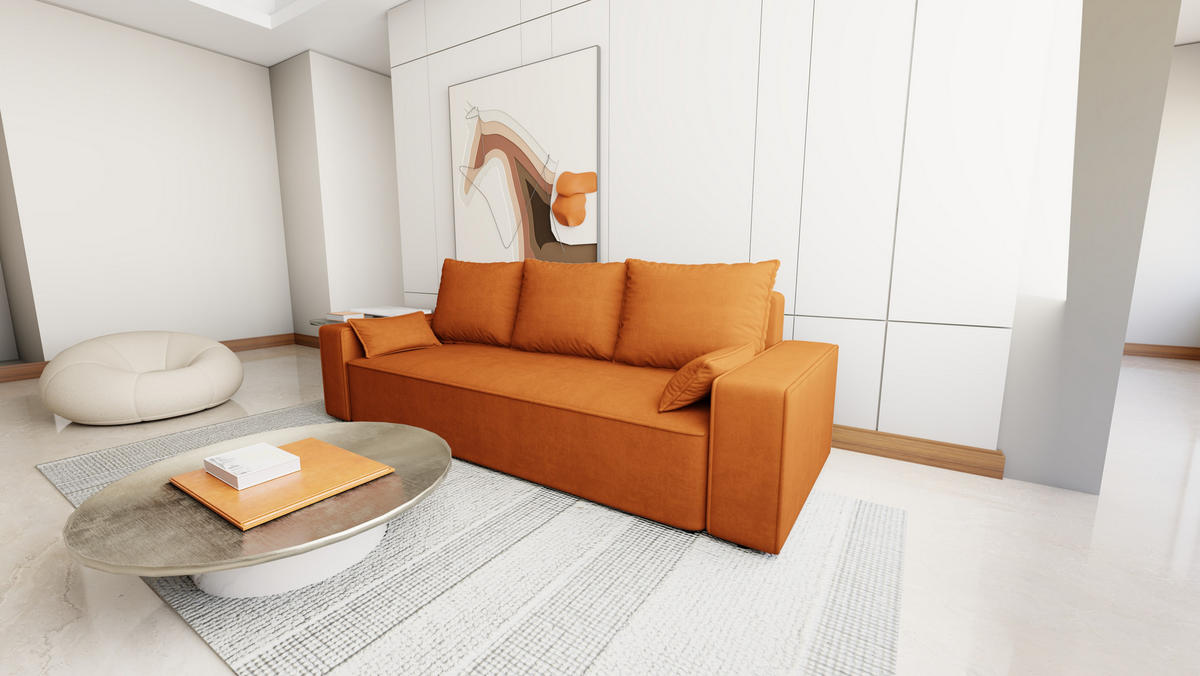 SOFA Veno mit Bettkasten und Schlaffunktion, Couch, Schlafsofa, Velourstoff - Rostfarben, Holzwerkstoff (242/85/95cm)